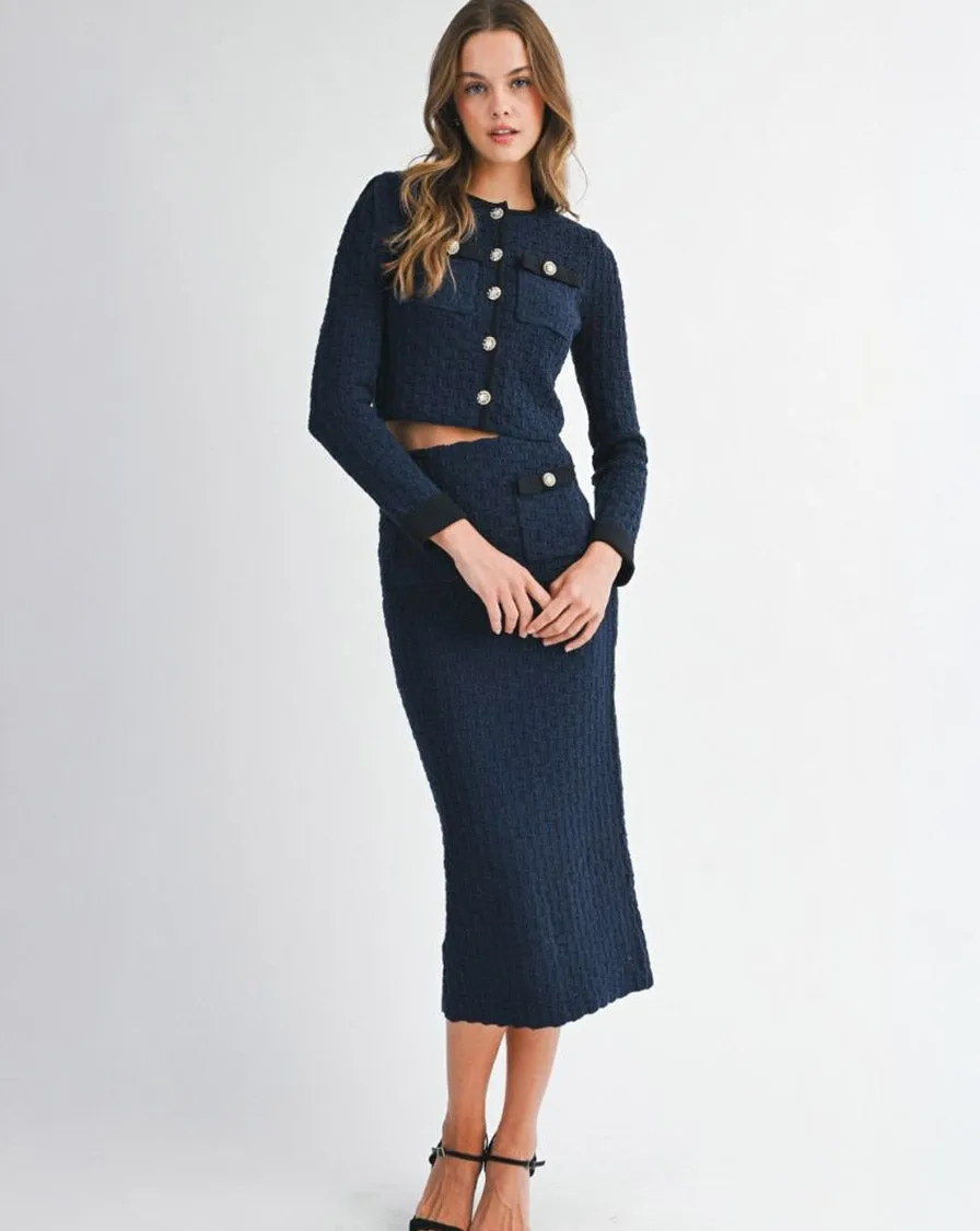 KNITTED MIDI SKIRT - NAVY Ready For Action Button front