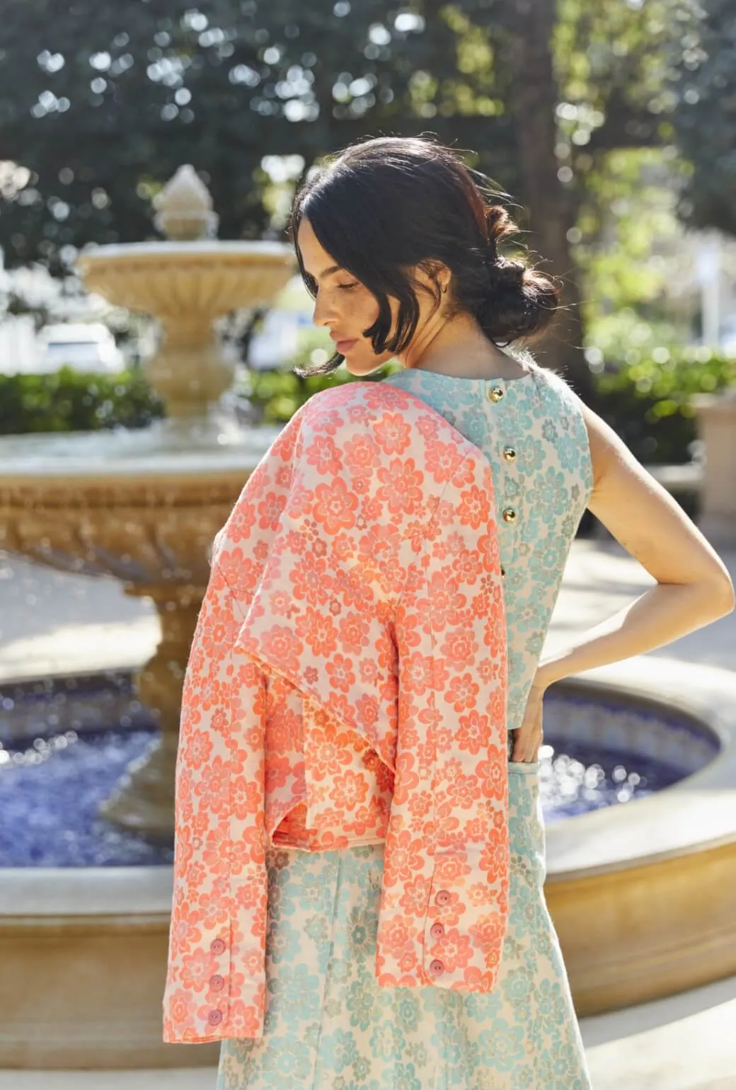 Bolero Blazer - Coral Brightline Mesh Panel Details Drop Shoulder Design