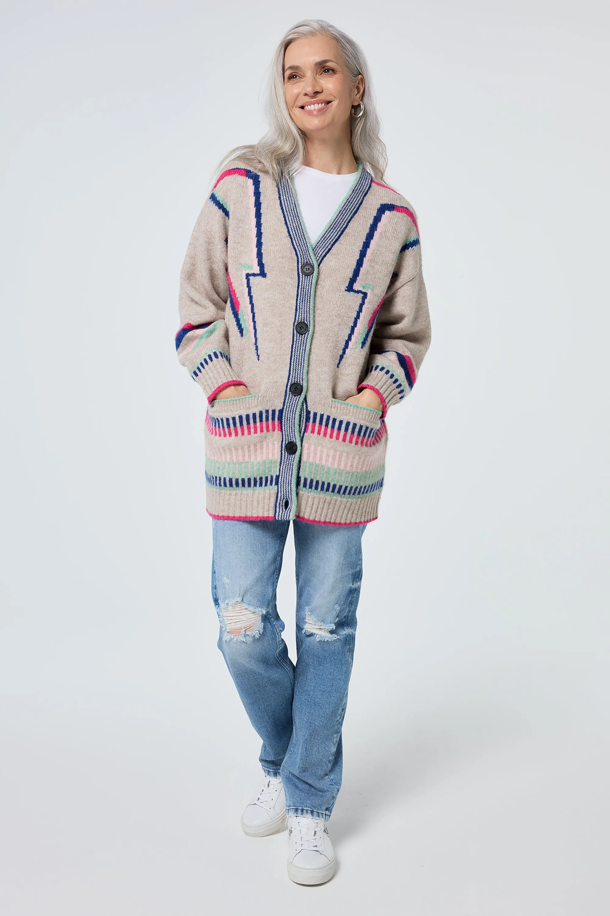 Oatmeal with Rainbow Statement Bolt Longline Cardigan Water Repellent Finish Seamless Circular Knit