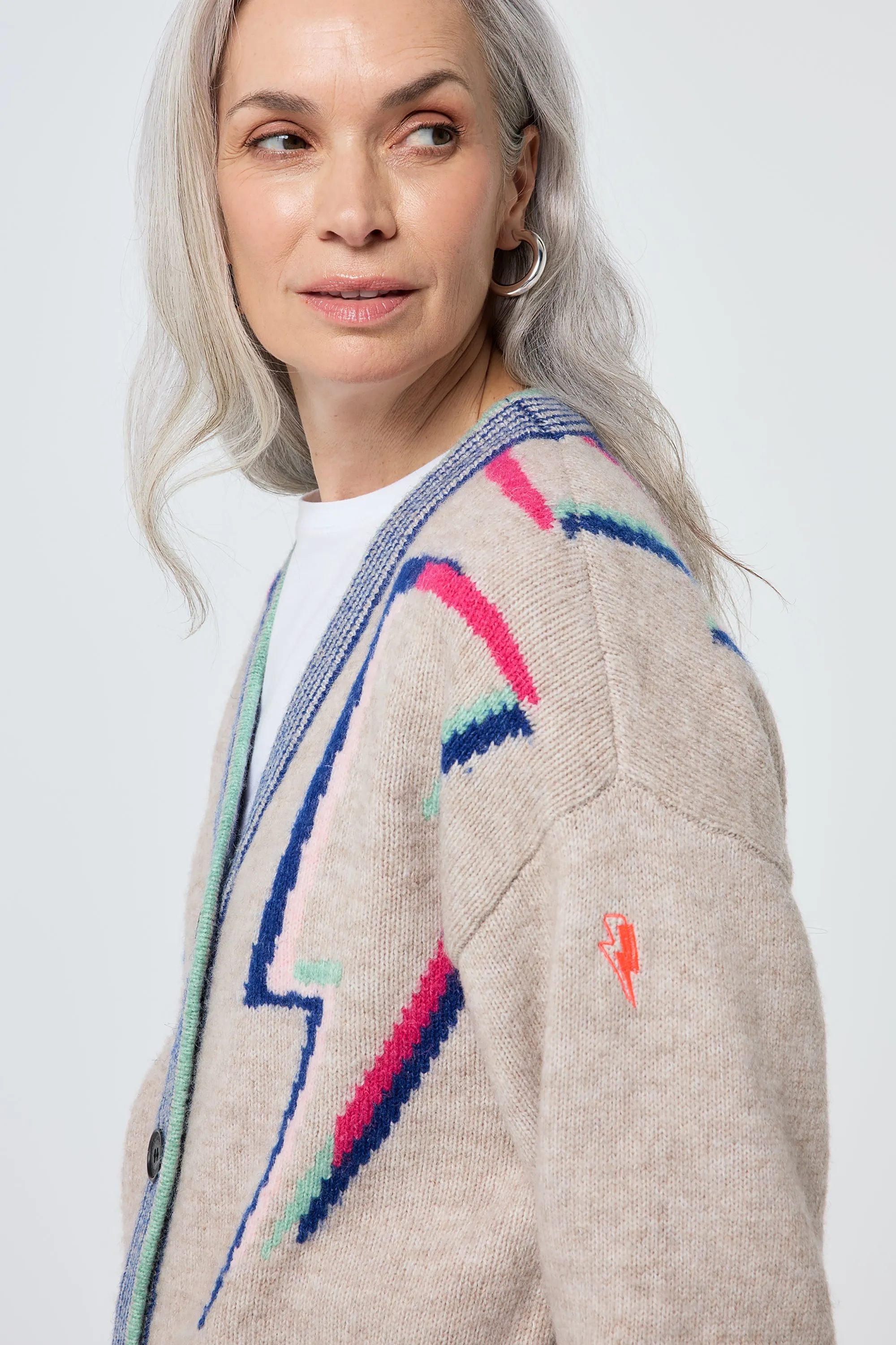 MoistureWicking Ready To Go Oatmeal with Rainbow Statement Bolt Longline Cardigan