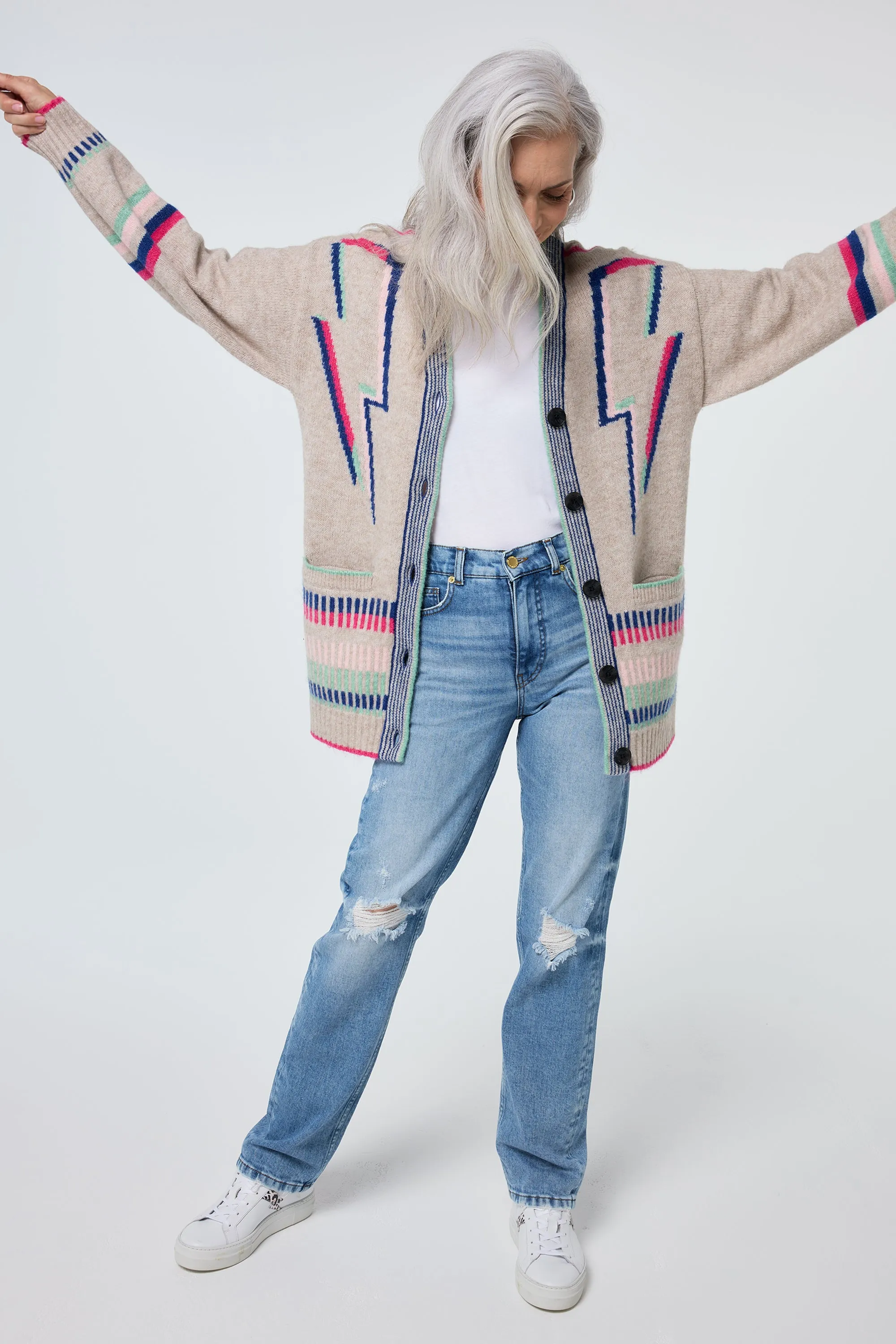 Early Chill Oatmeal with Rainbow Statement Bolt Longline Cardigan