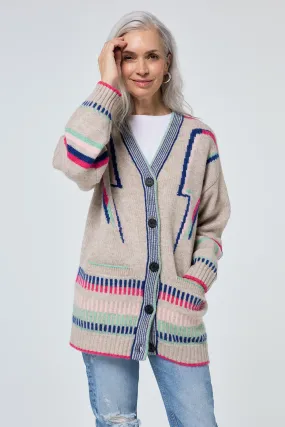 Oatmeal with Rainbow Statement Bolt Longline Cardigan Office Casual