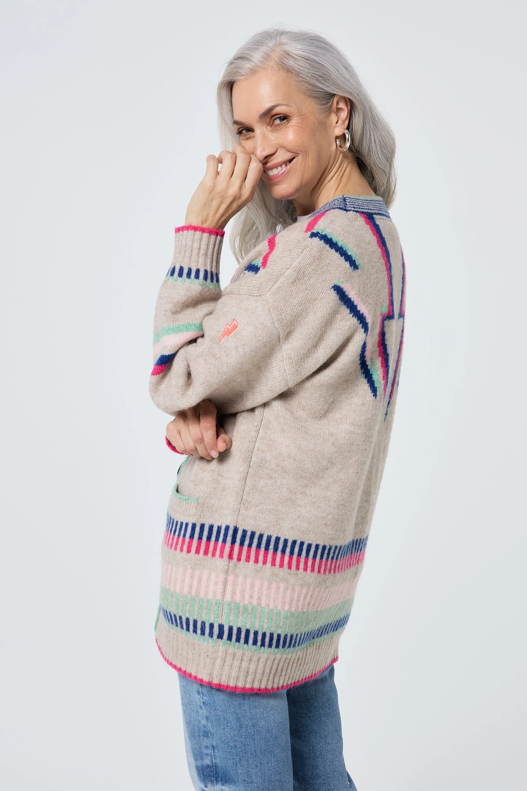 Polo Neckline Stylish Drape Oatmeal with Rainbow Statement Bolt Longline Cardigan