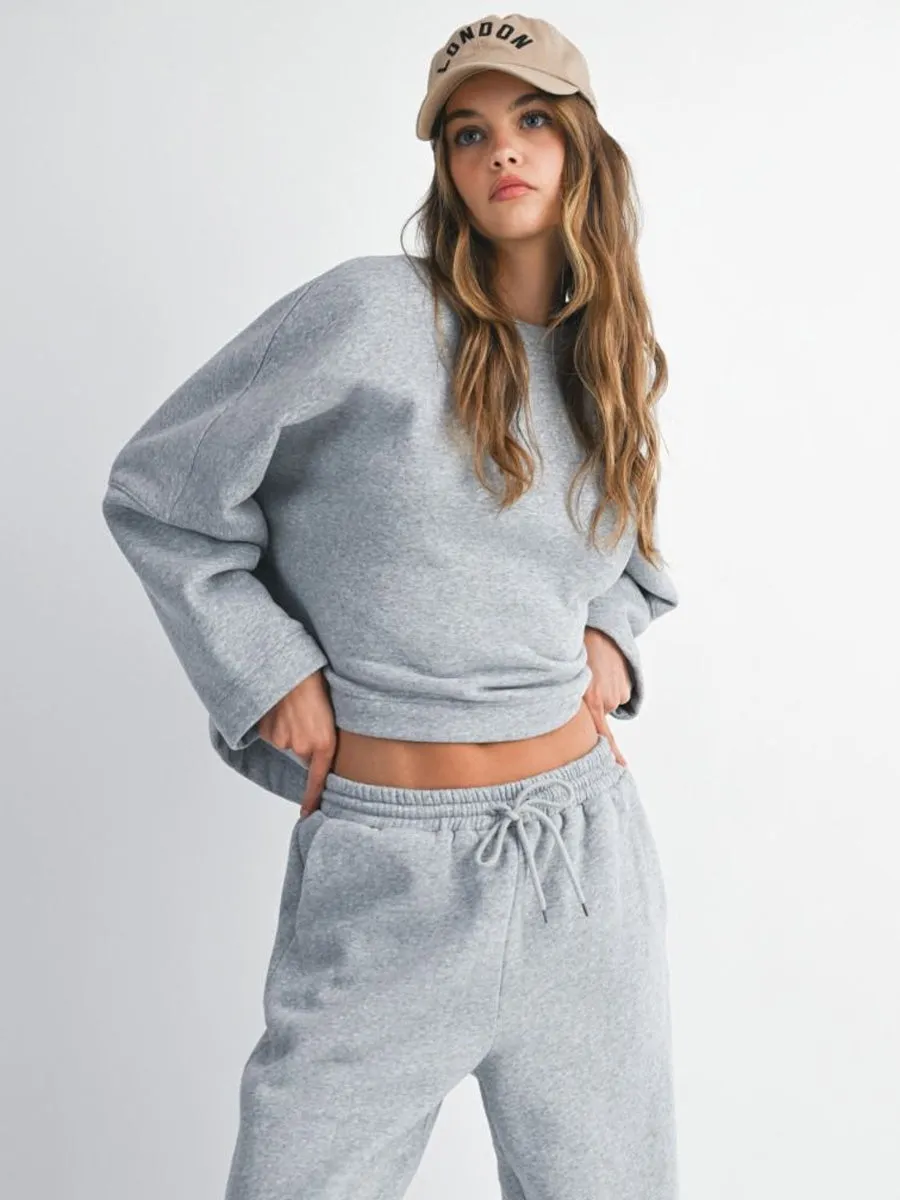 OVERSIZED SWEAT SHIRT WITH CROPPED SLEEVE - GREY Ribbed Trim