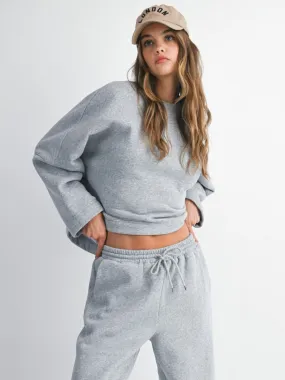 OVERSIZED SWEAT SHIRT WITH CROPPED SLEEVE - GREY Ribbed Trim