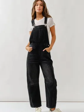 BARREL LEG RELAX FIT OVERALLS - BLACK WASH Decorative stitching