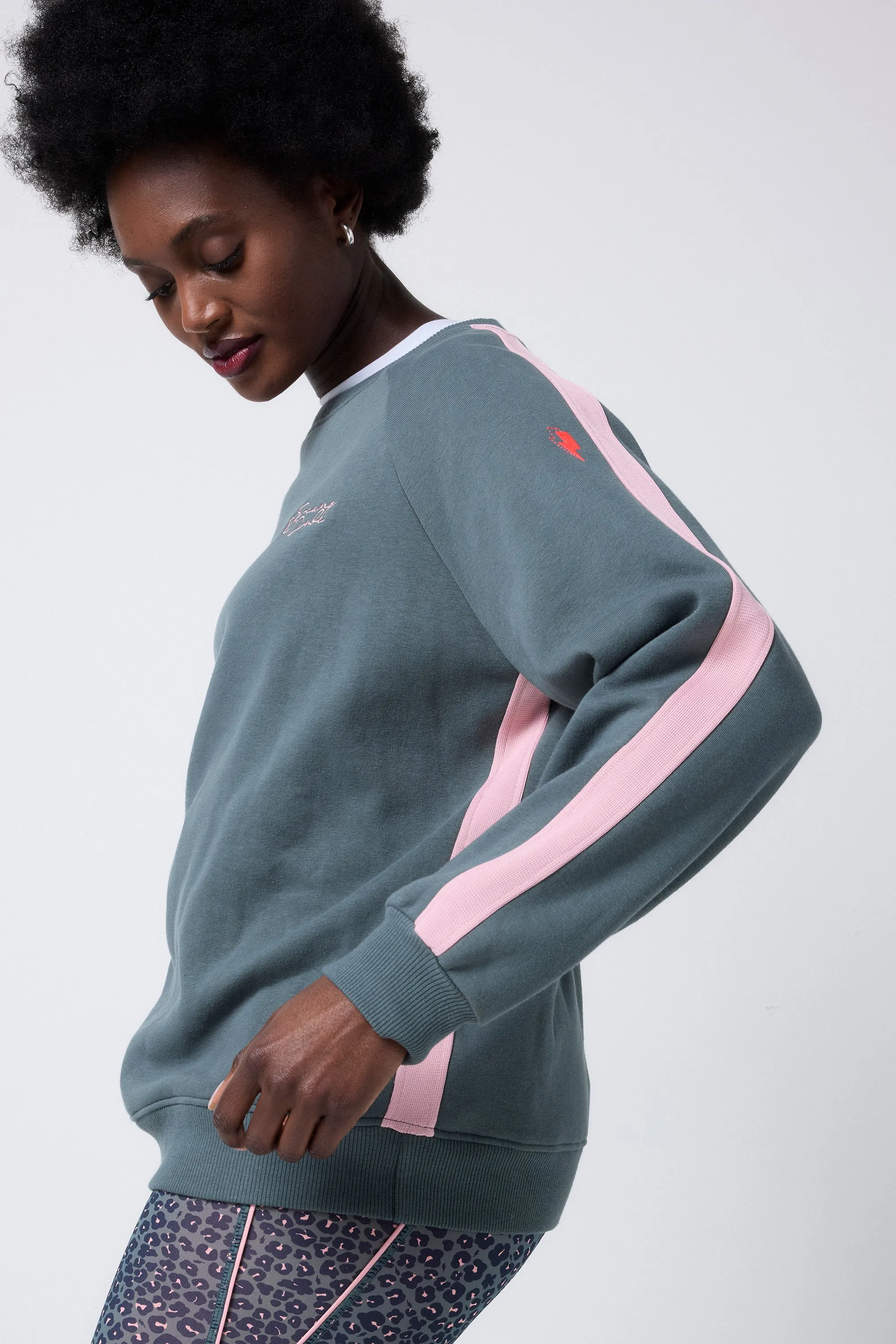 Pockets wedding guest wear Khaki with Pink Colourblock Relaxed Sweatshirt