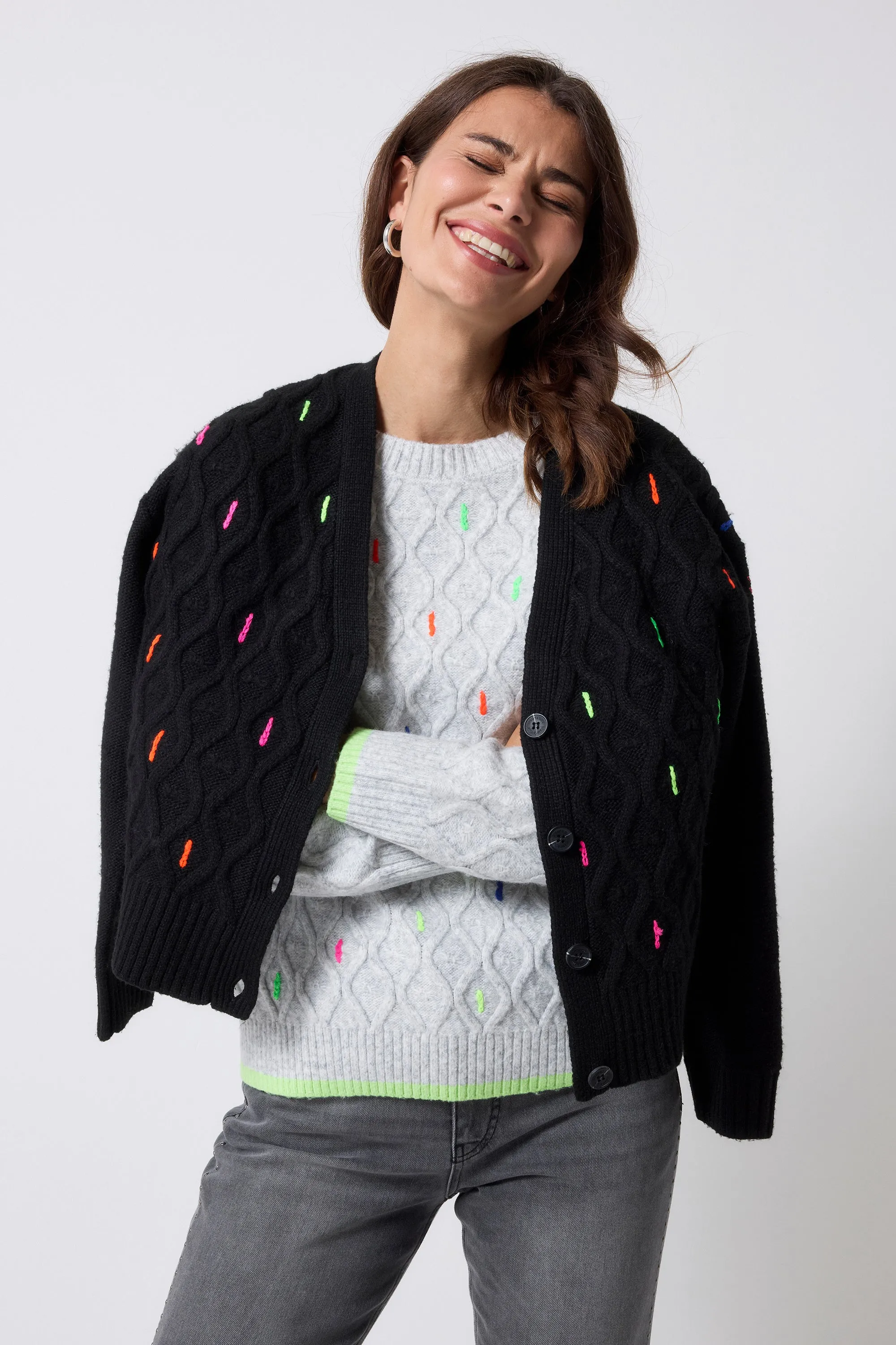 Weekend Outfit Grey with Neon Rainbow Fleck Cable Knit Jumper