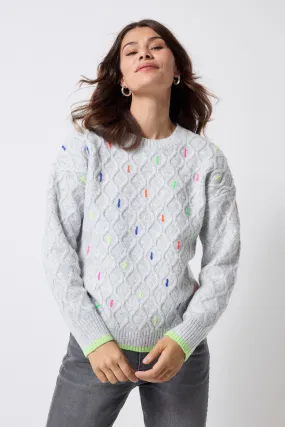 Grey with Neon Rainbow Fleck Cable Knit Jumper MoistureWicking Yarn