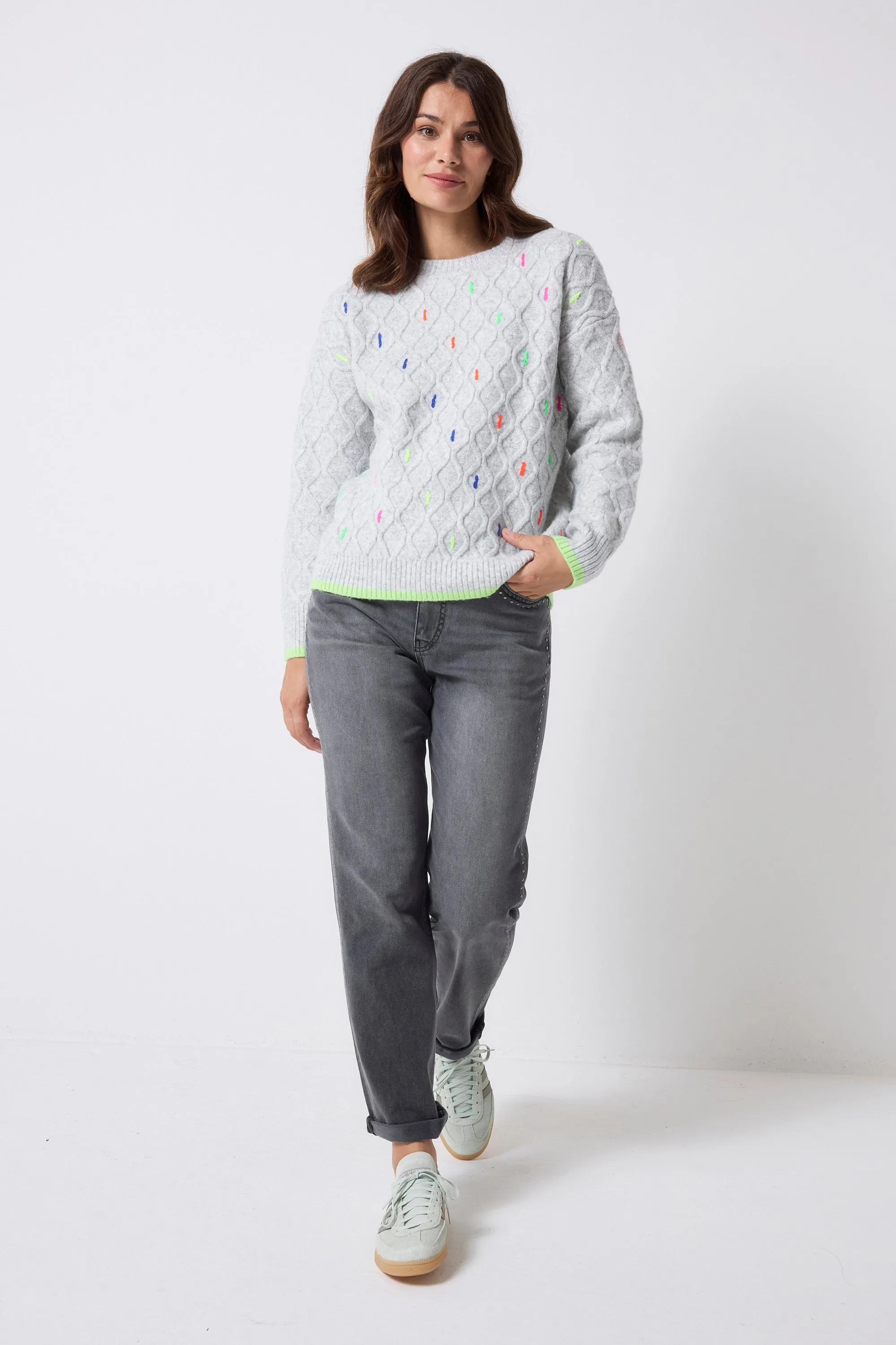 Calm Outfit Wearable Basic Grey with Neon Rainbow Fleck Cable Knit Jumper