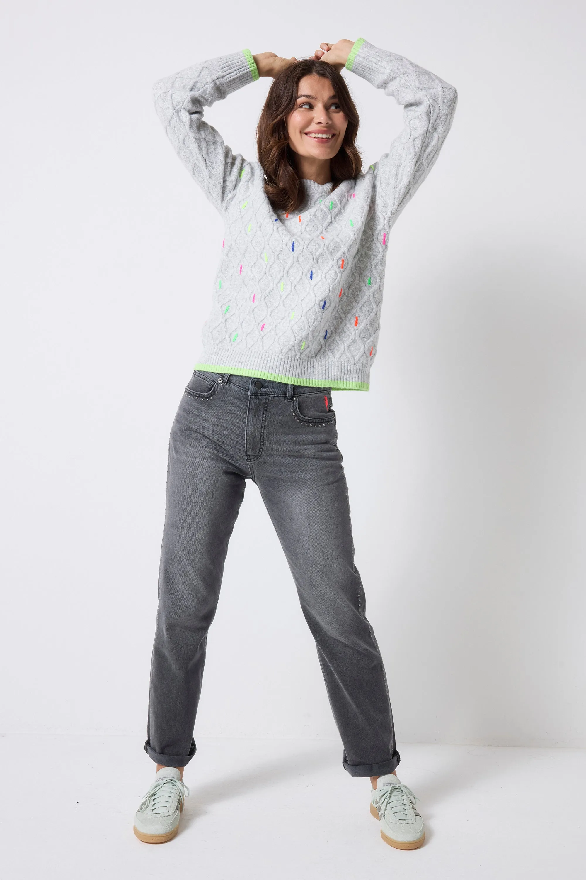skin friendly Grey with Neon Rainbow Fleck Cable Knit Jumper