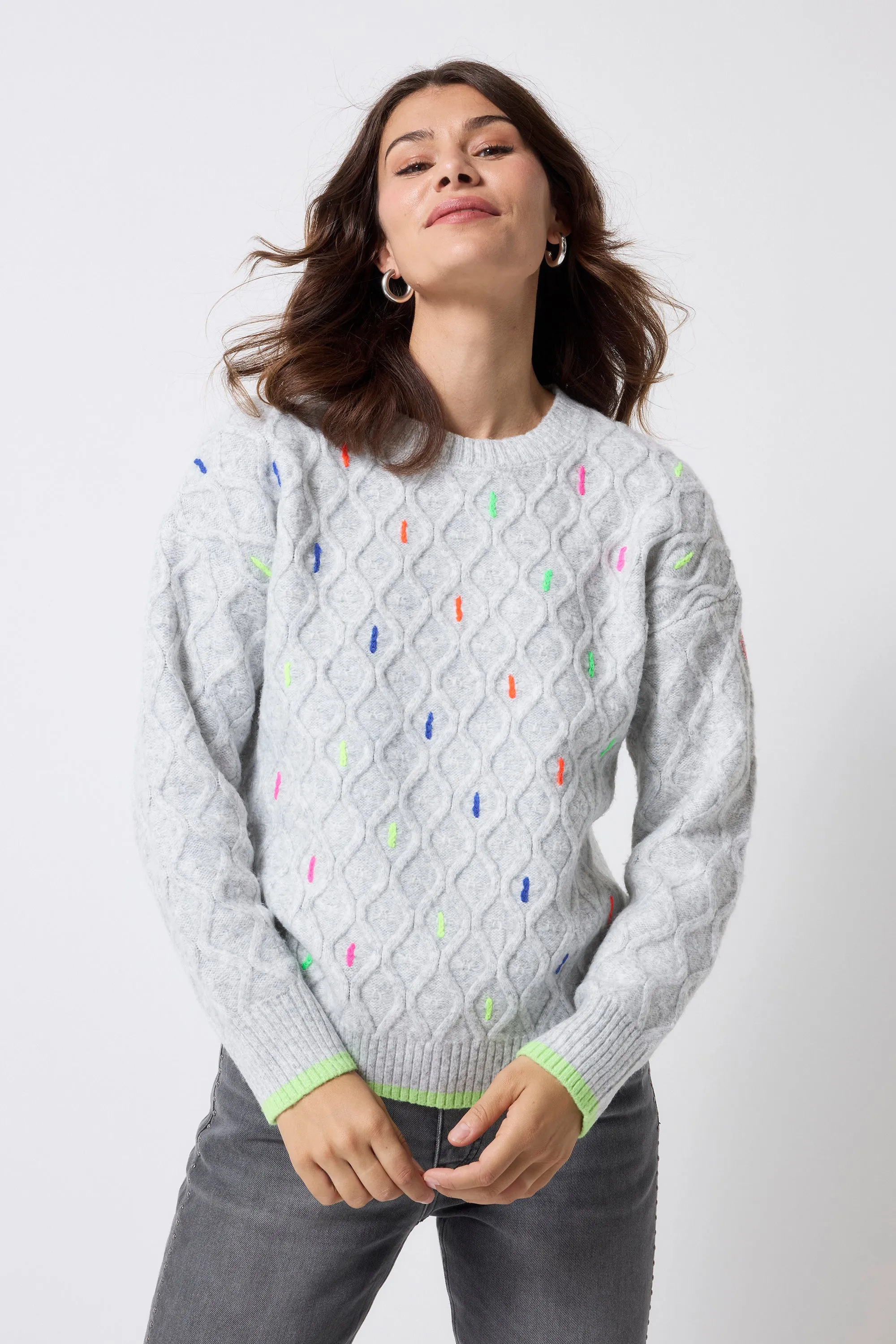 Grey with Neon Rainbow Fleck Cable Knit Jumper MoistureWicking Yarn