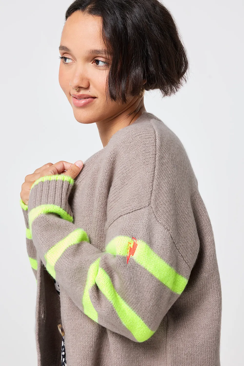 SeamFree Technology Oatmeal and Neon Yellow Stripe Cardigan