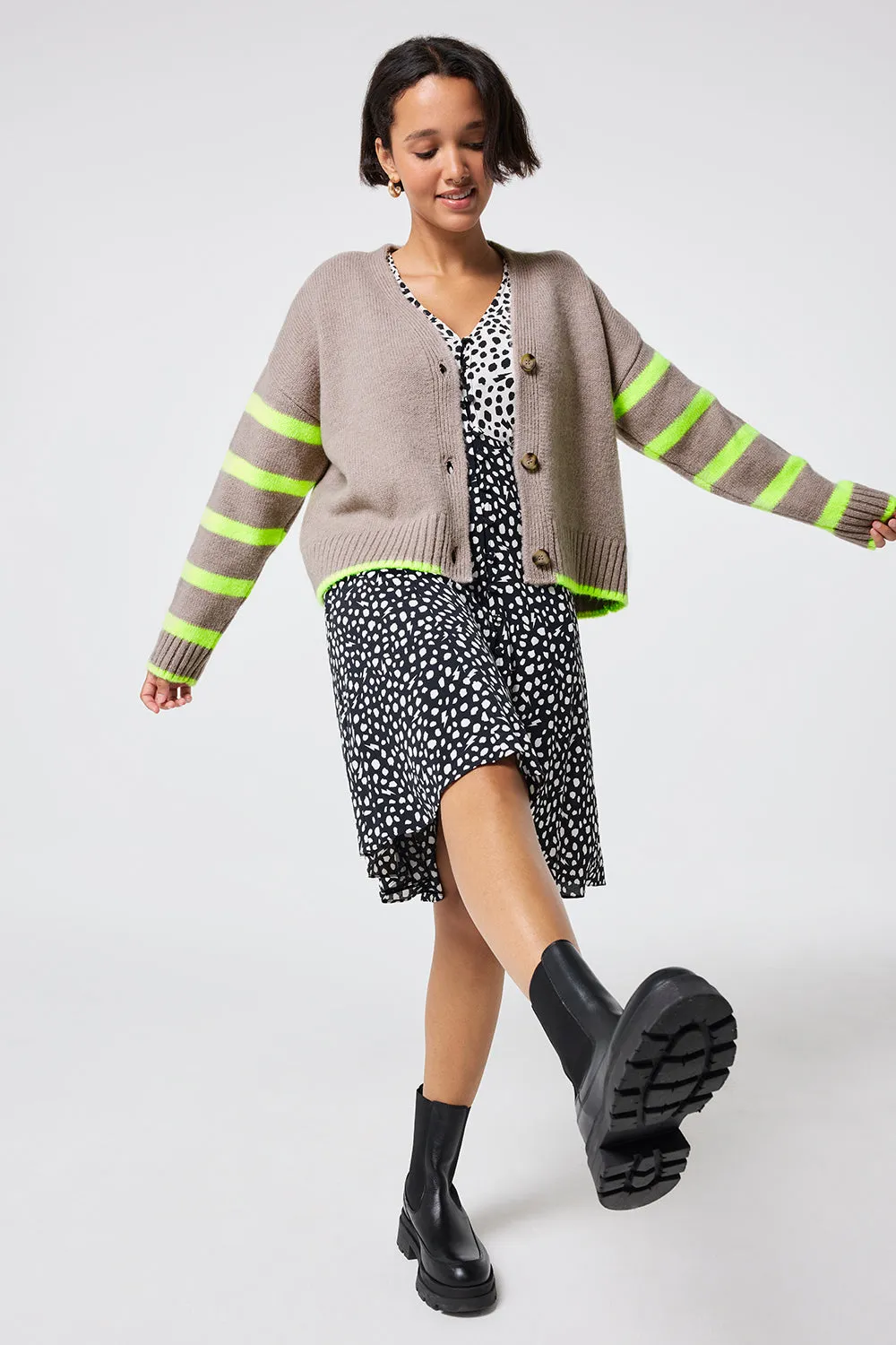Oatmeal and Neon Yellow Stripe Cardigan Smart Look