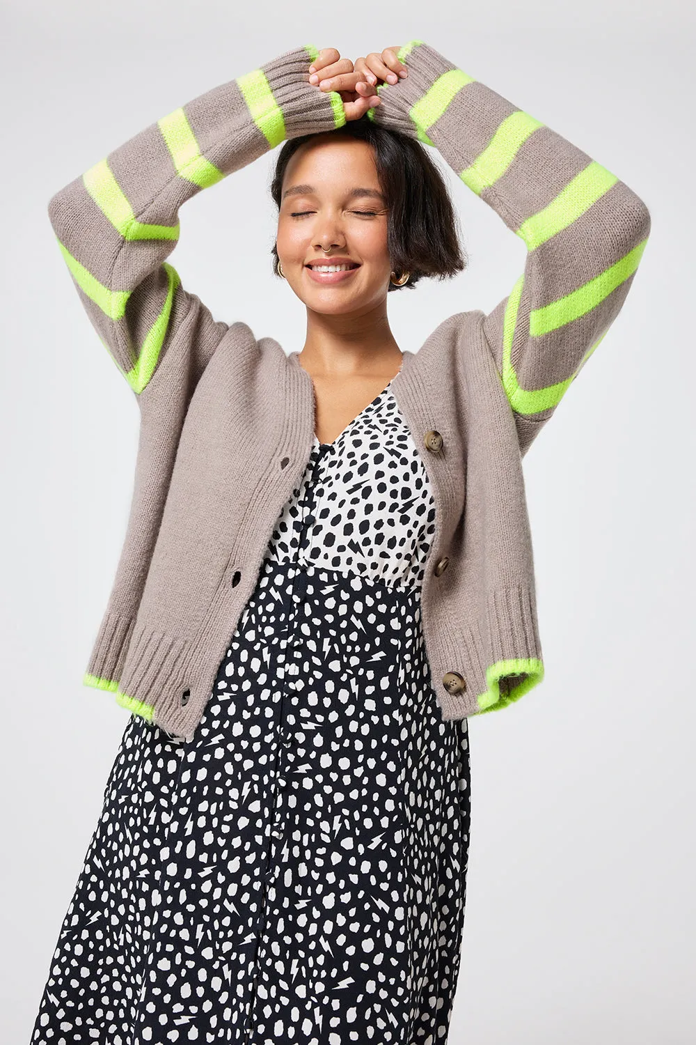 Fray Resistant Edges Oatmeal and Neon Yellow Stripe Cardigan