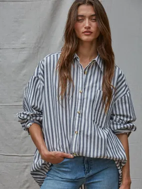 Abrasion Resistant Fabric STRIPPED OVERSIZE BUTTON DOWN - IVORY/NAVY