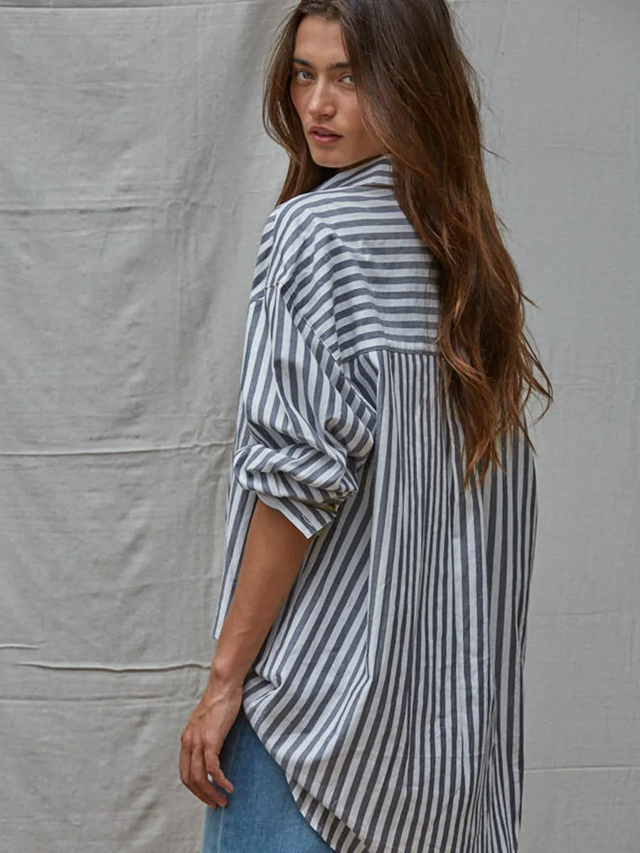 STRIPPED OVERSIZE BUTTON DOWN - IVORY/NAVY RibbedTrim