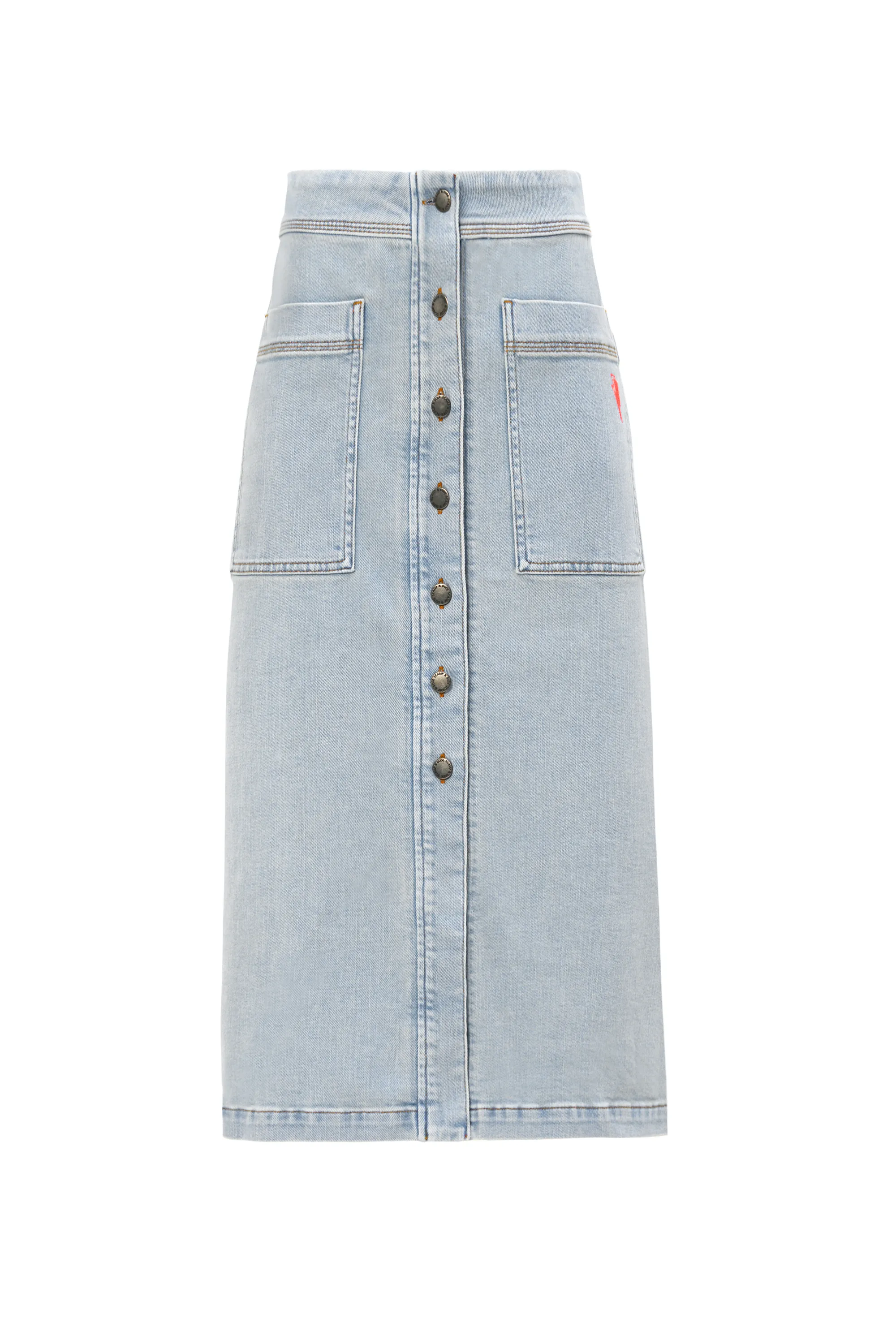 Young adult Beach Day Pale Indigo Button Front A-Line Denim Midi Skirt