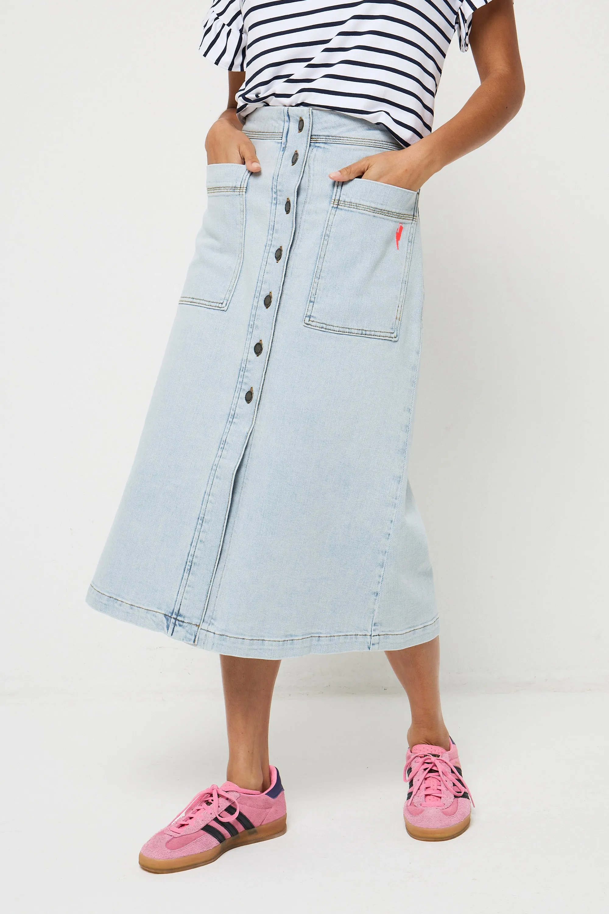 Ultra Comfort Runway Ready Pale Indigo Button Front A-Line Denim Midi Skirt