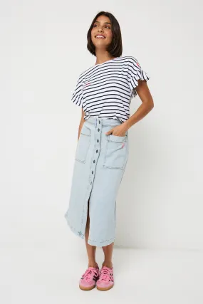 Pale Indigo Button Front A-Line Denim Midi Skirt High Shine Tear Resistant