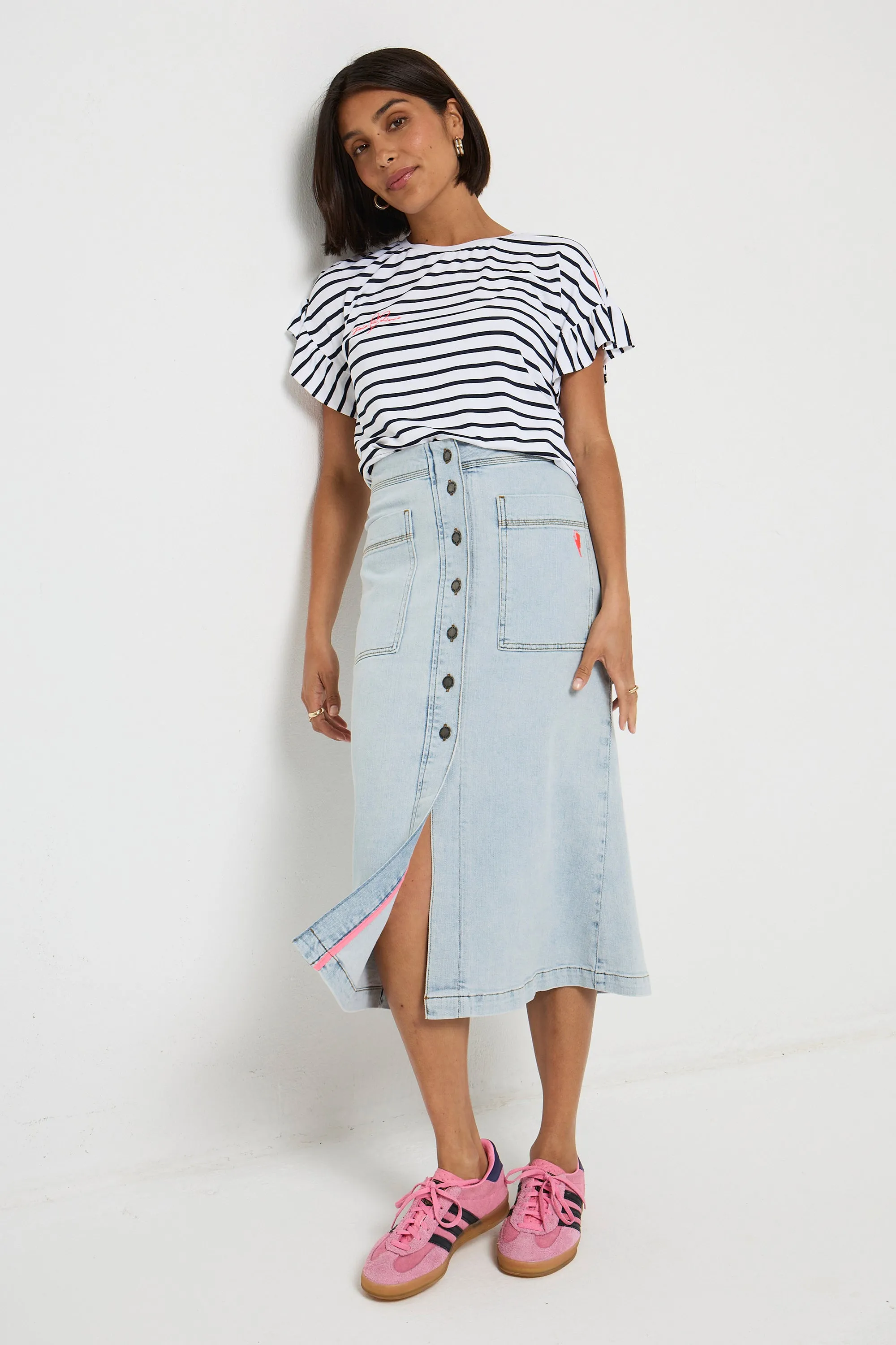 Pale Indigo Button Front A-Line Denim Midi Skirt Everyday Look
