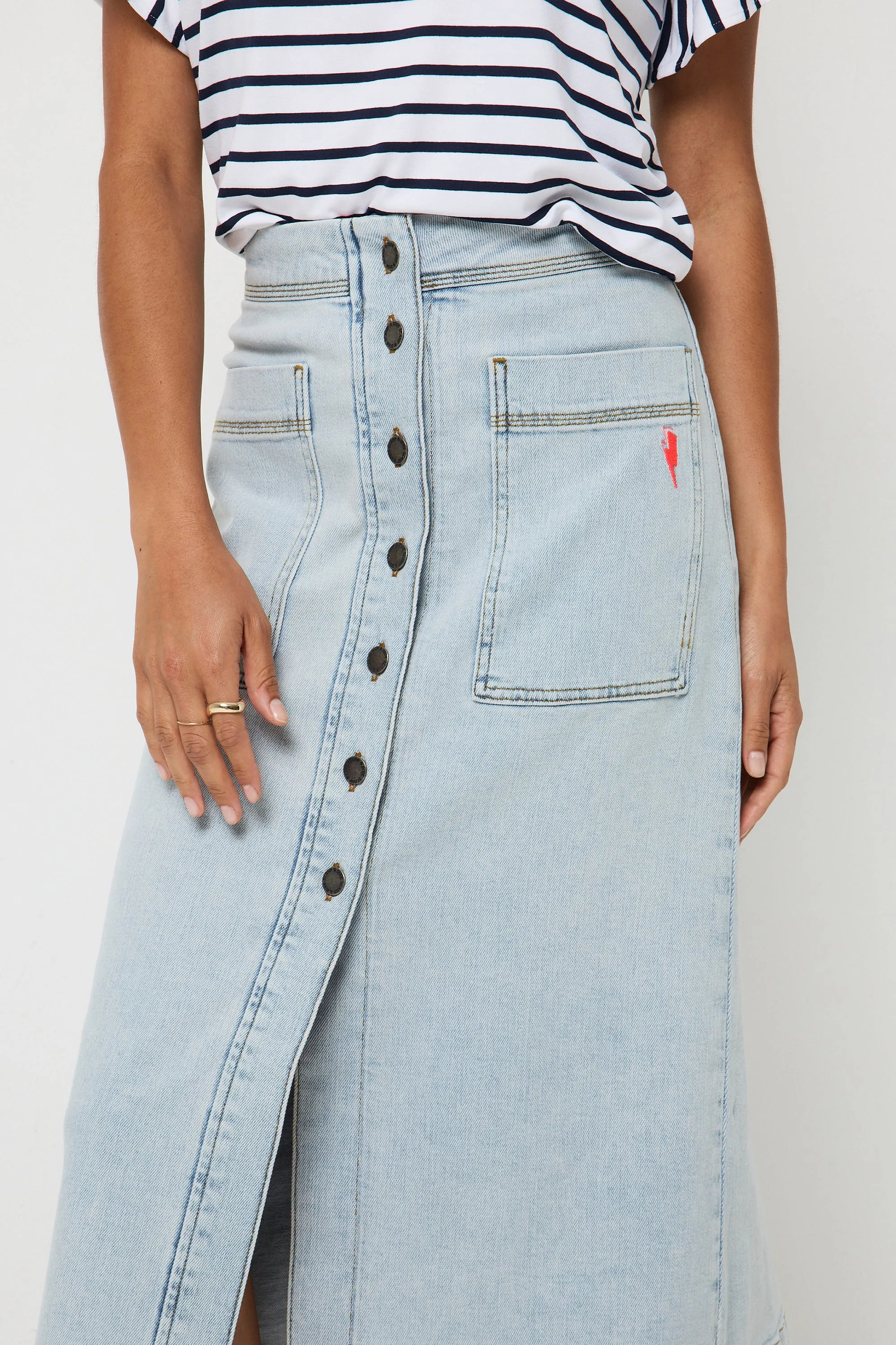 Pale Indigo Button Front A-Line Denim Midi Skirt Smooth Look