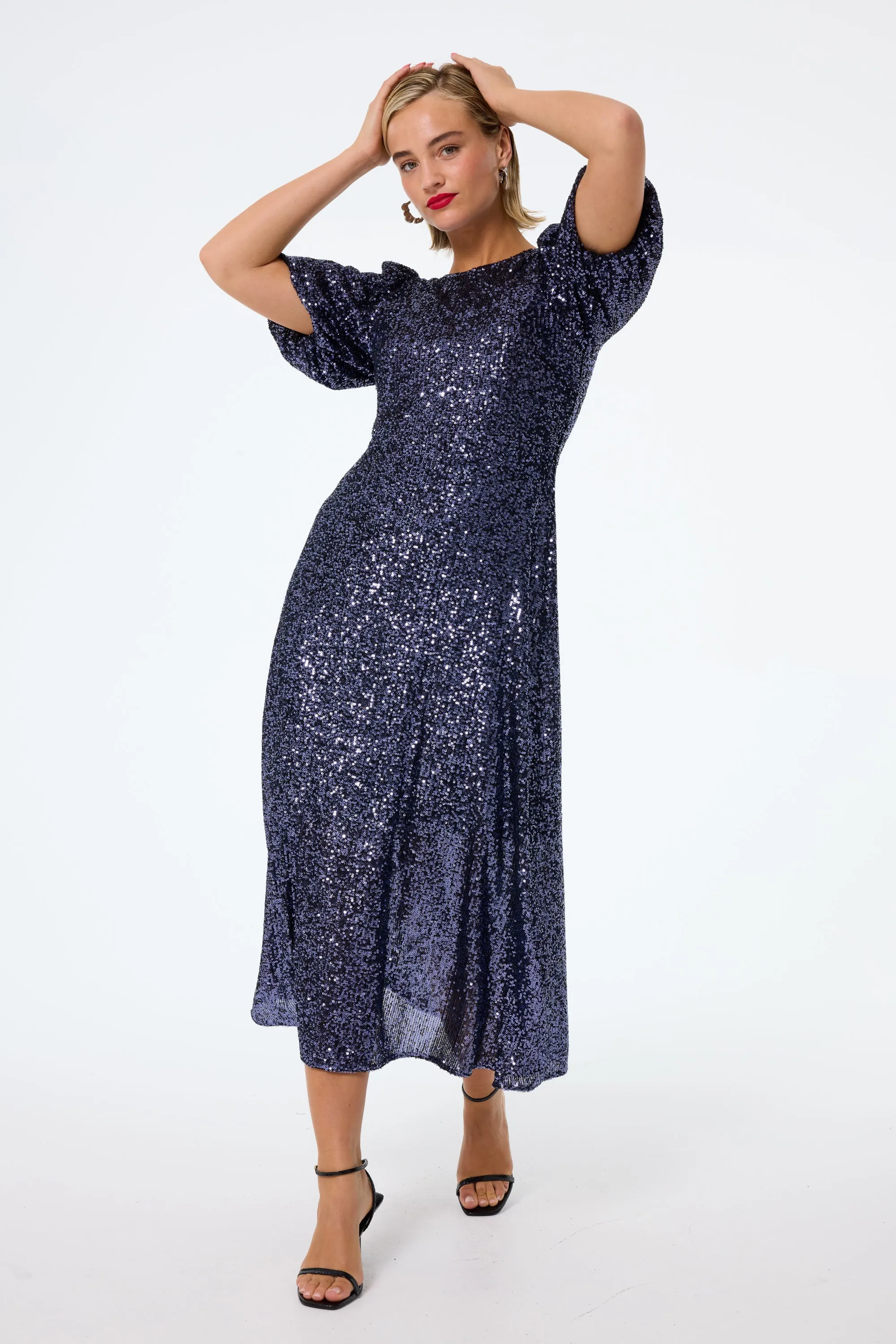 Navy Sequin Puff Sleeve Midi Dress Breath Soft Light Motion