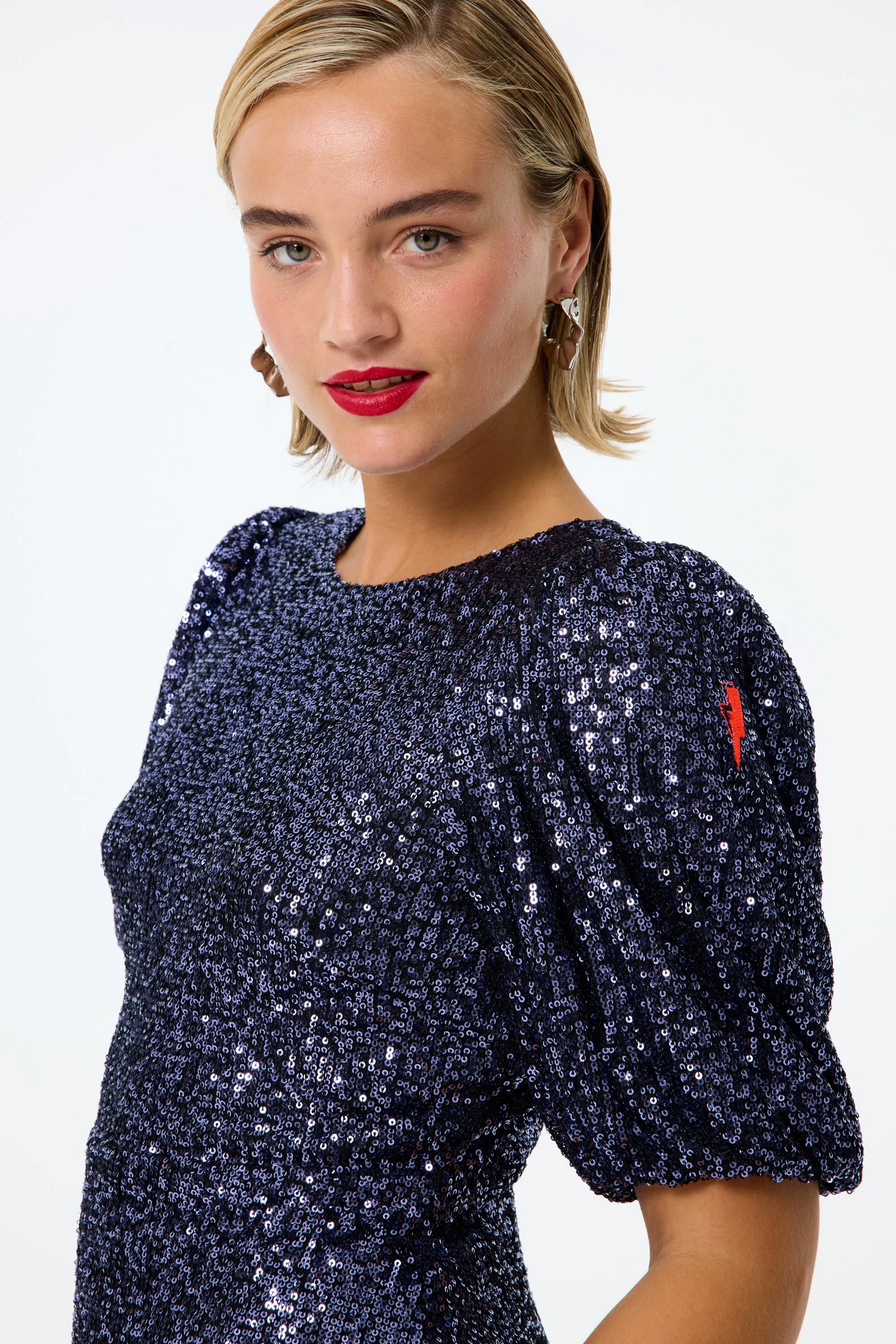 Easy Going Navy Sequin Puff Sleeve Midi Dress