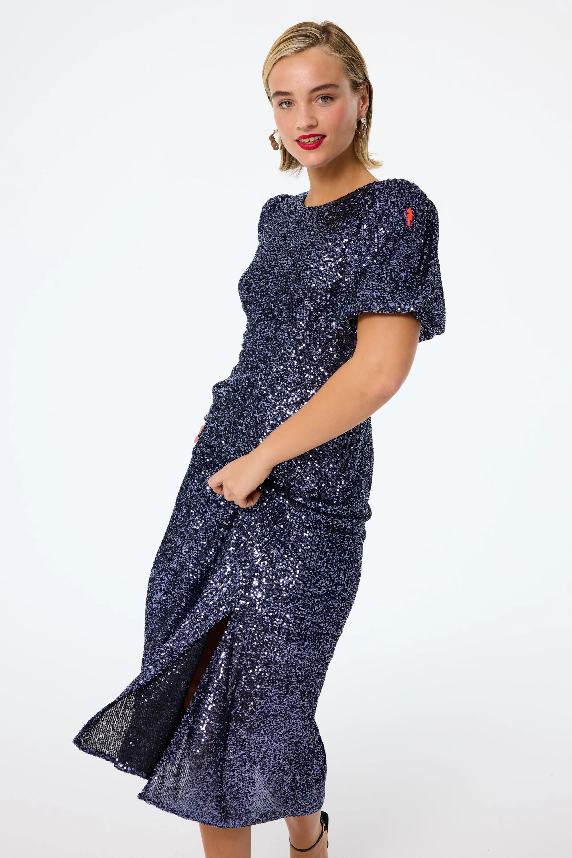 Navy Sequin Puff Sleeve Midi Dress Evening Chic Fall Tone