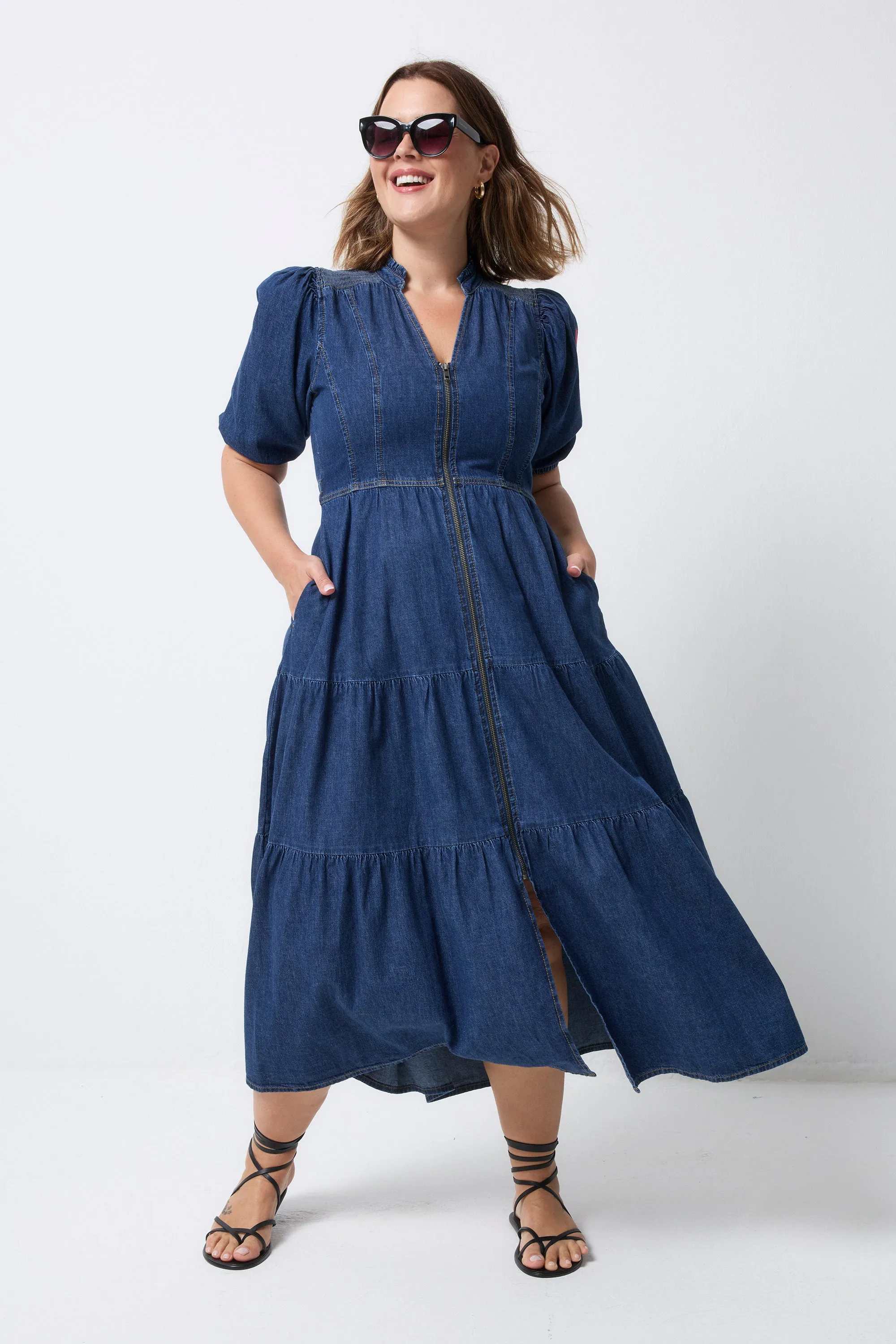 WaterRepellentCoating Authentic Indigo Zip Detail Tiered Midi Denim Dress