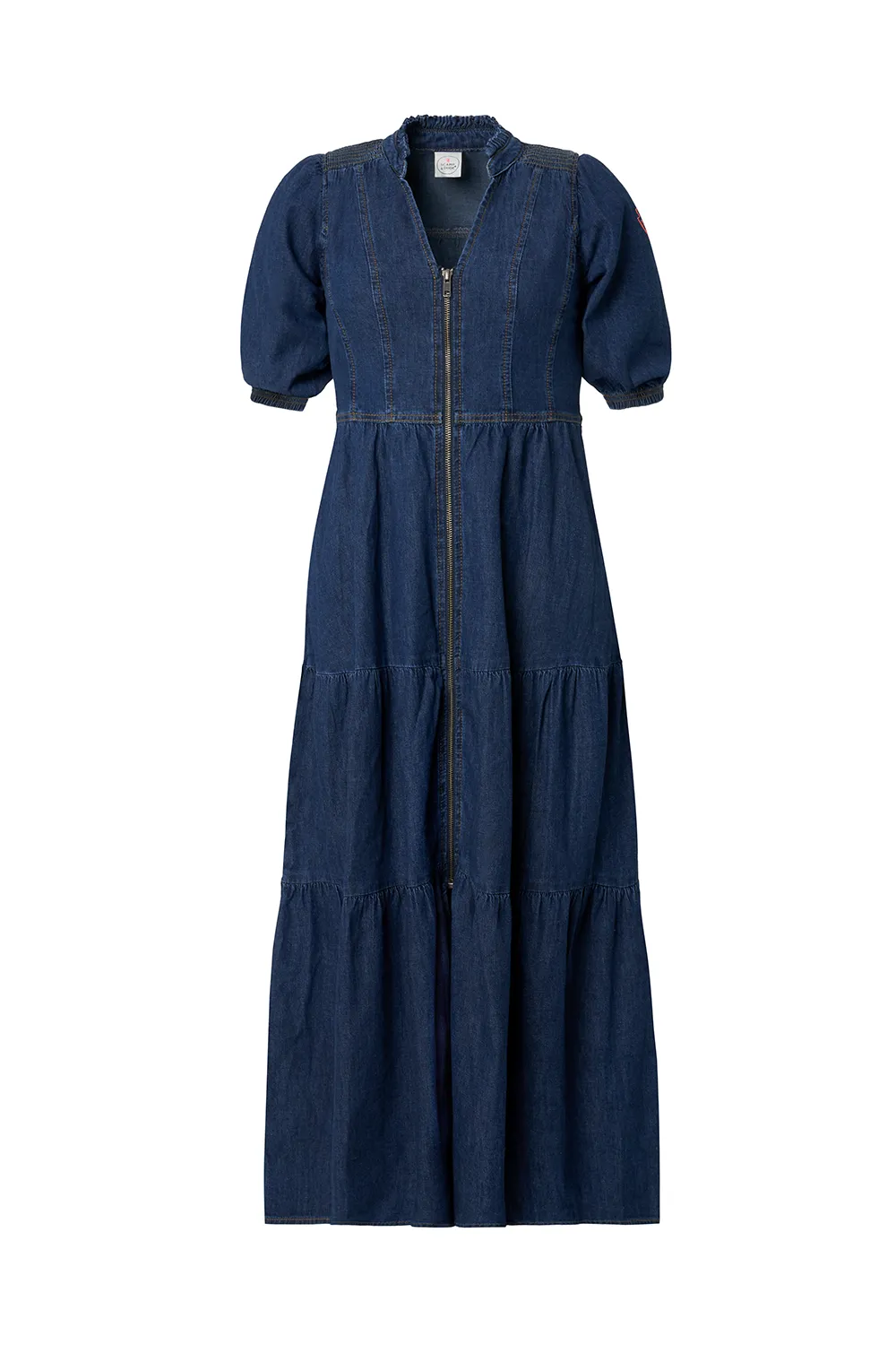 Authentic Indigo Zip Detail Tiered Midi Denim Dress Bright Colors Stylish Fit