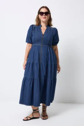 Authentic Indigo Zip Detail Tiered Midi Denim Dress Cozy Drape