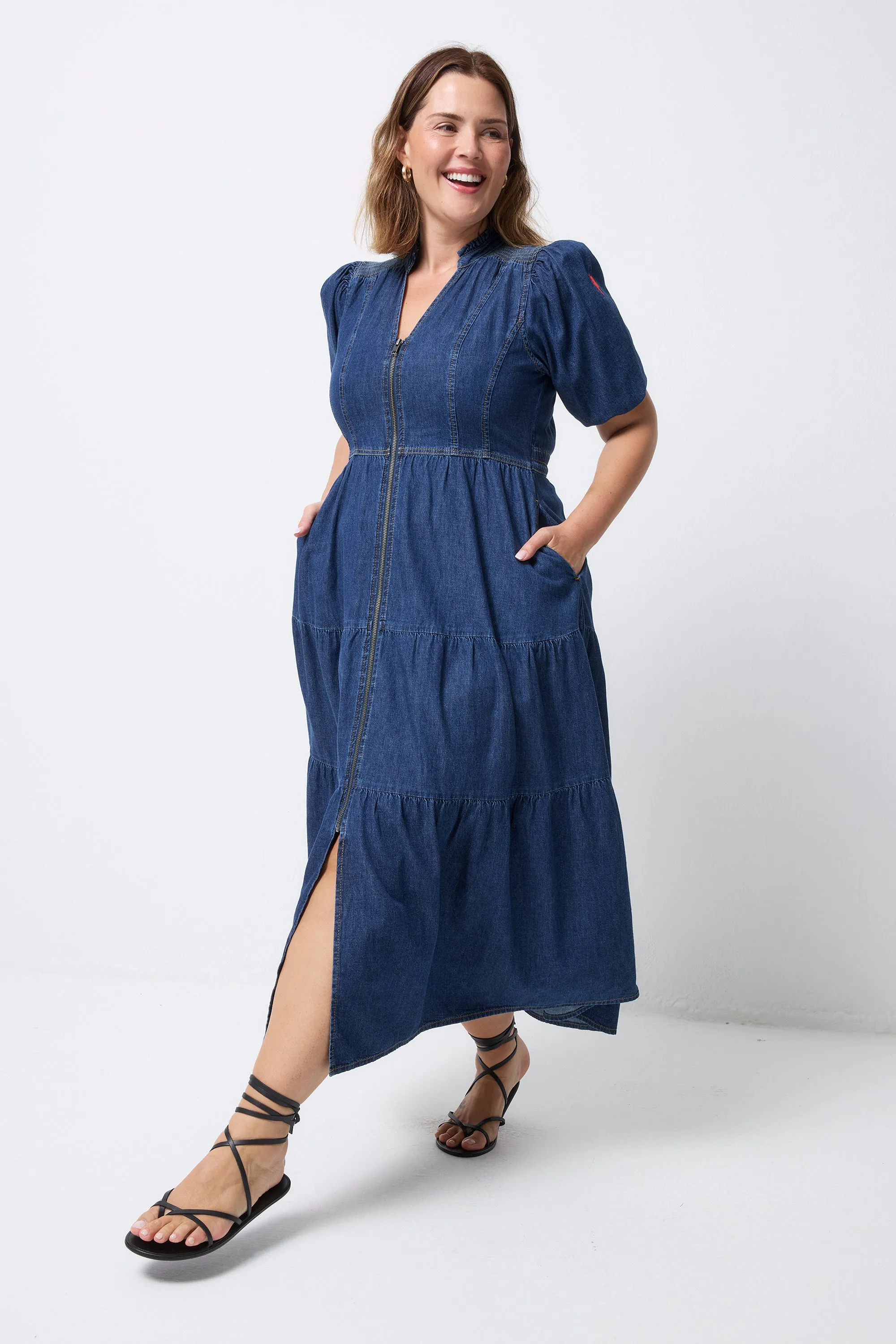 Chilly Day Comfort Embroidered-Sleeve Authentic Indigo Zip Detail Tiered Midi Denim Dress