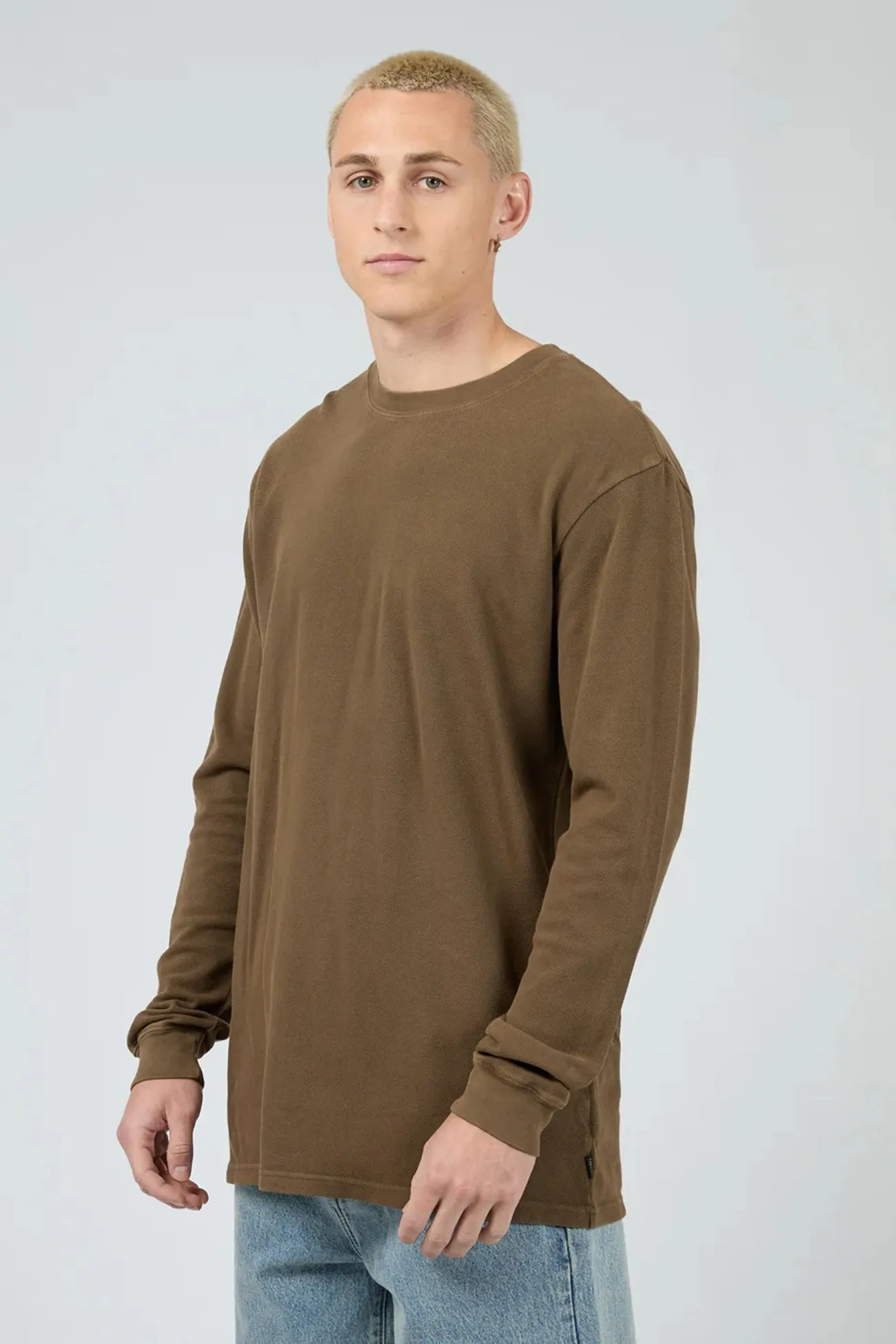 Pique Long Sleeve Tee Khaki Anti Fade Technology Anti Microbial Lining