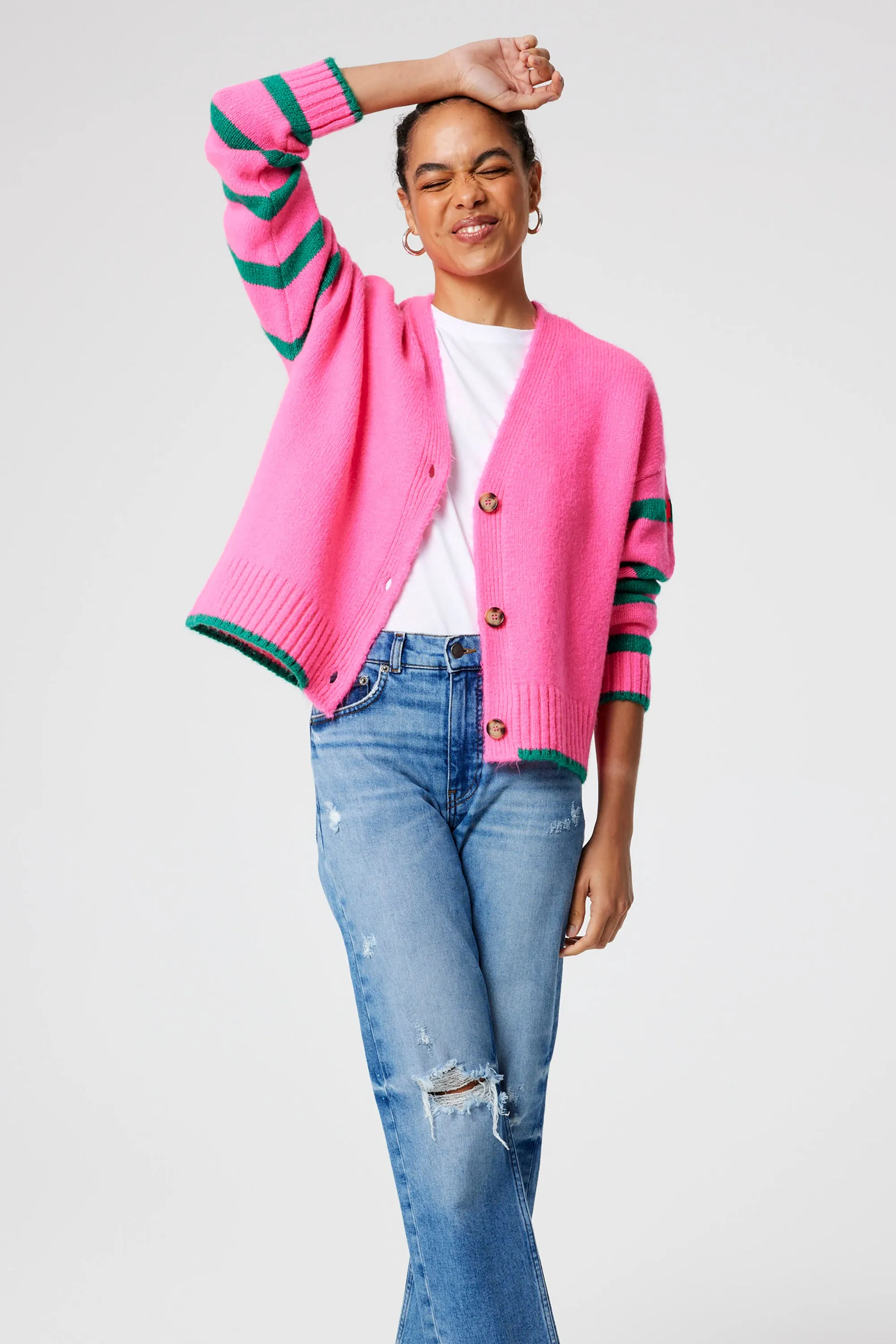 Pink and Green Stripe Cardigan Textured Fabric Work From Home