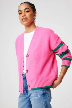 Weekend Style Eco Friendly Dye Pink and Green Stripe Cardigan