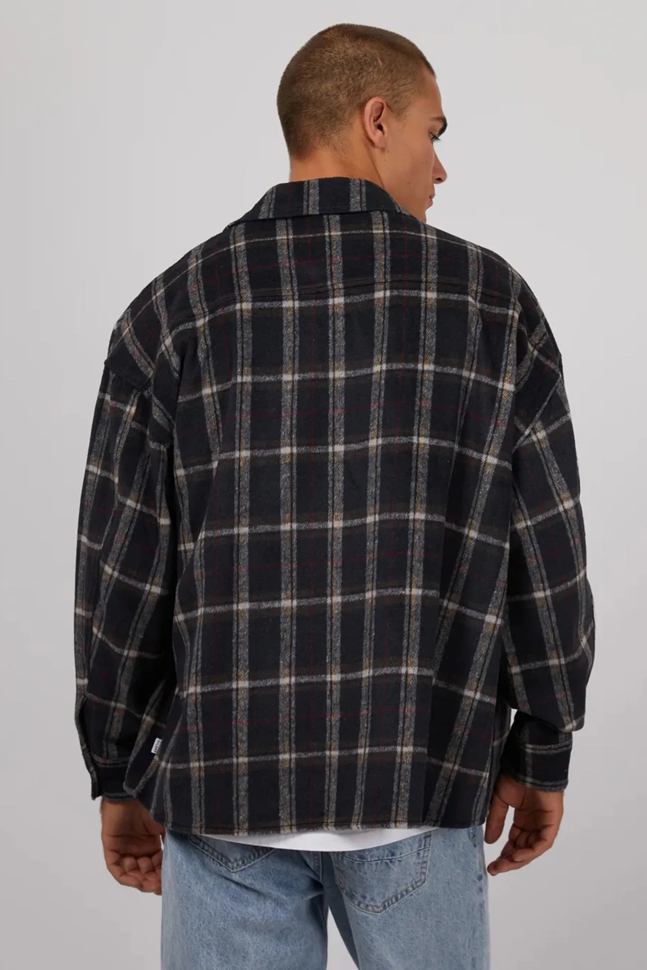 Stretchable Neckline Seamless Construction Design Ranch Overshirt Navy