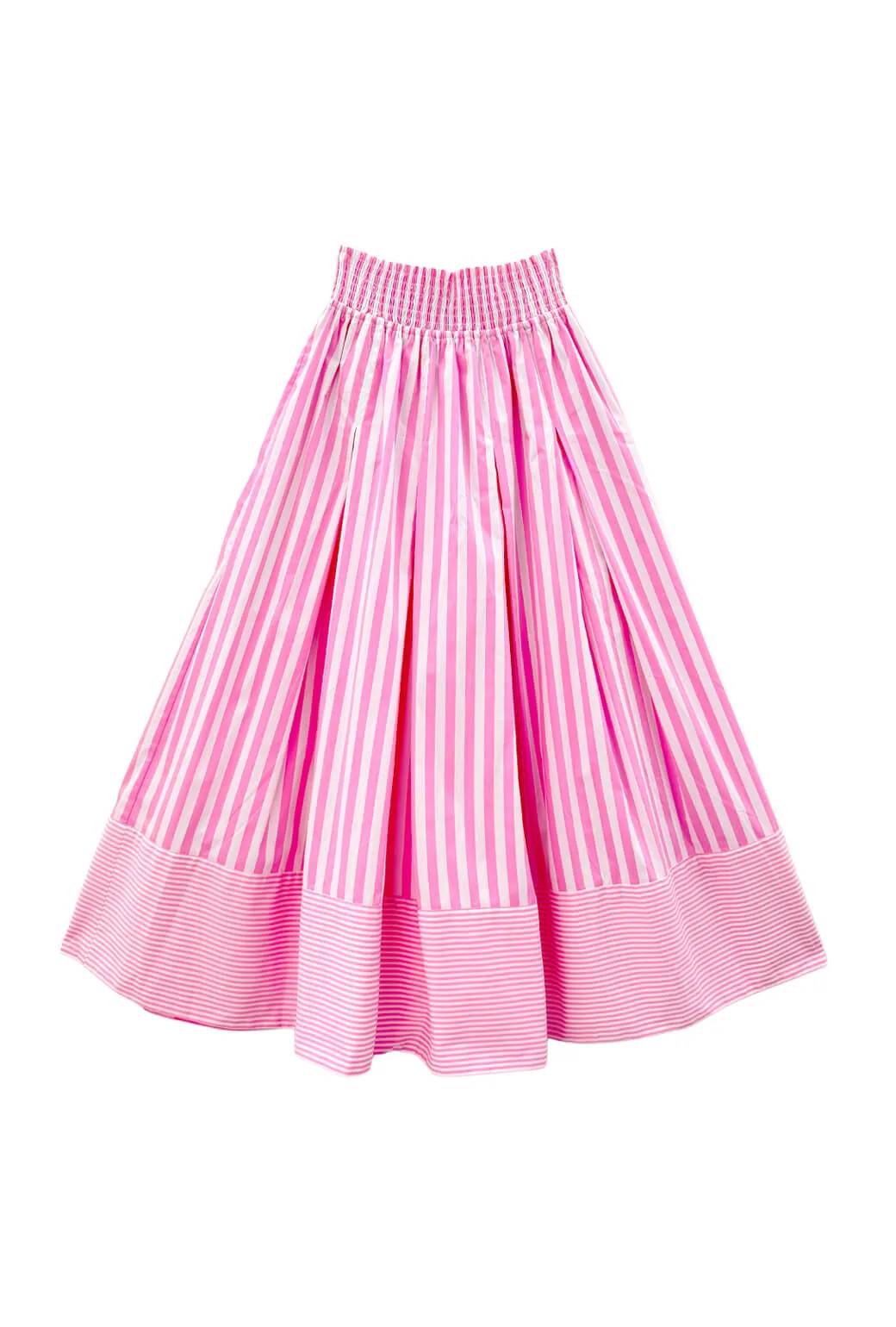 Smocked Waist MIDI Skirt - Pink Stripe Layered Style Erasable Logo Patch