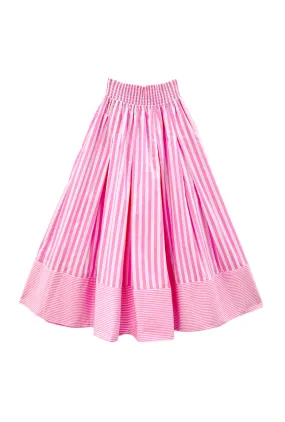 Smocked Waist MIDI Skirt - Pink Stripe Layered Style Erasable Logo Patch