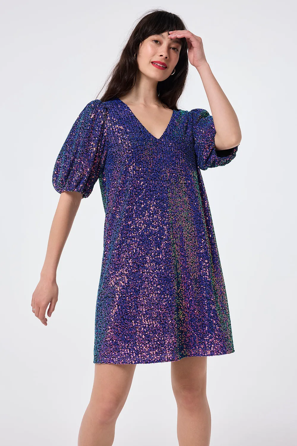 Family Vibe High Cut Purple Iridescent Sequin V-Neck Short Dress