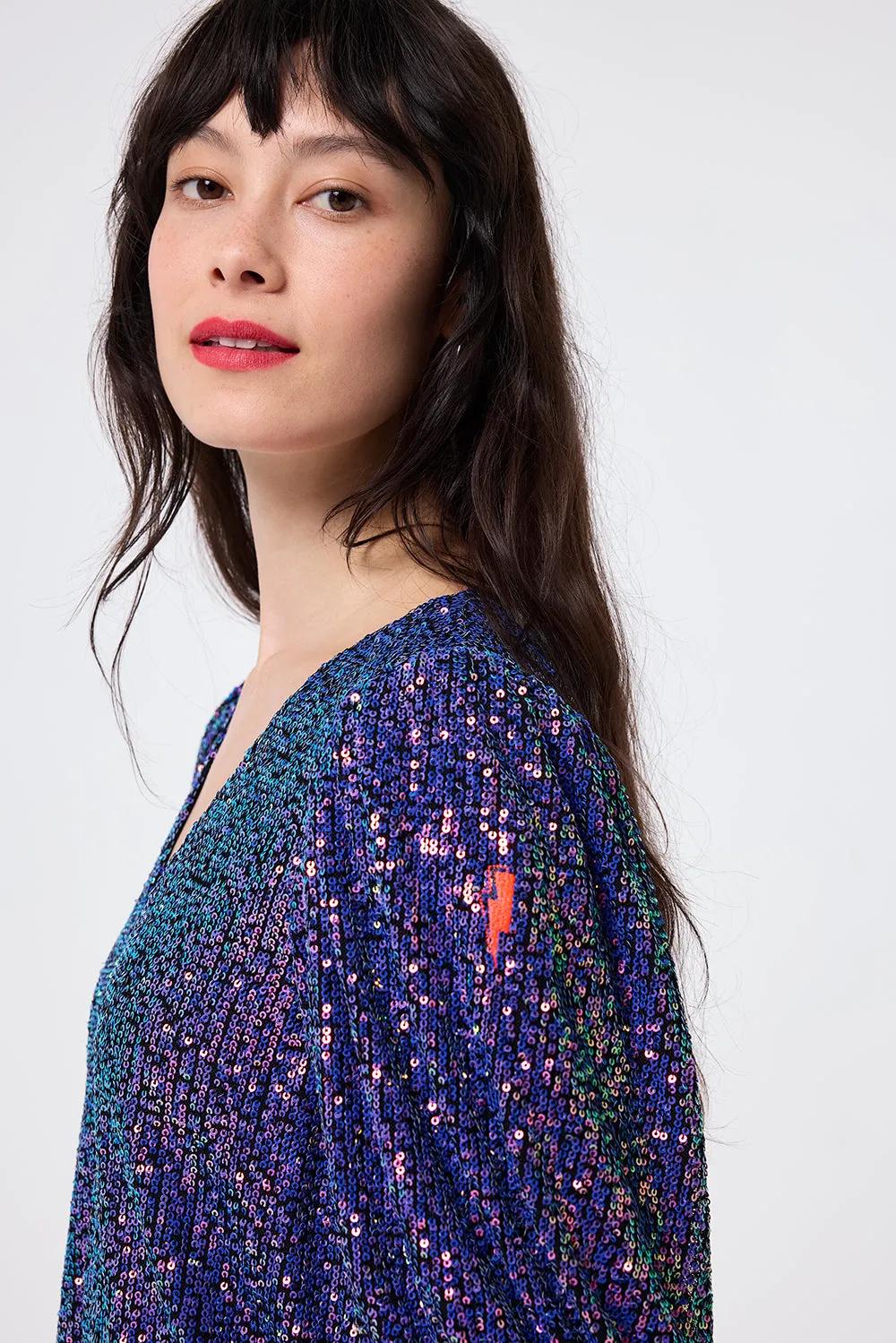 Dark Tones Purple Iridescent Sequin V-Neck Short Dress