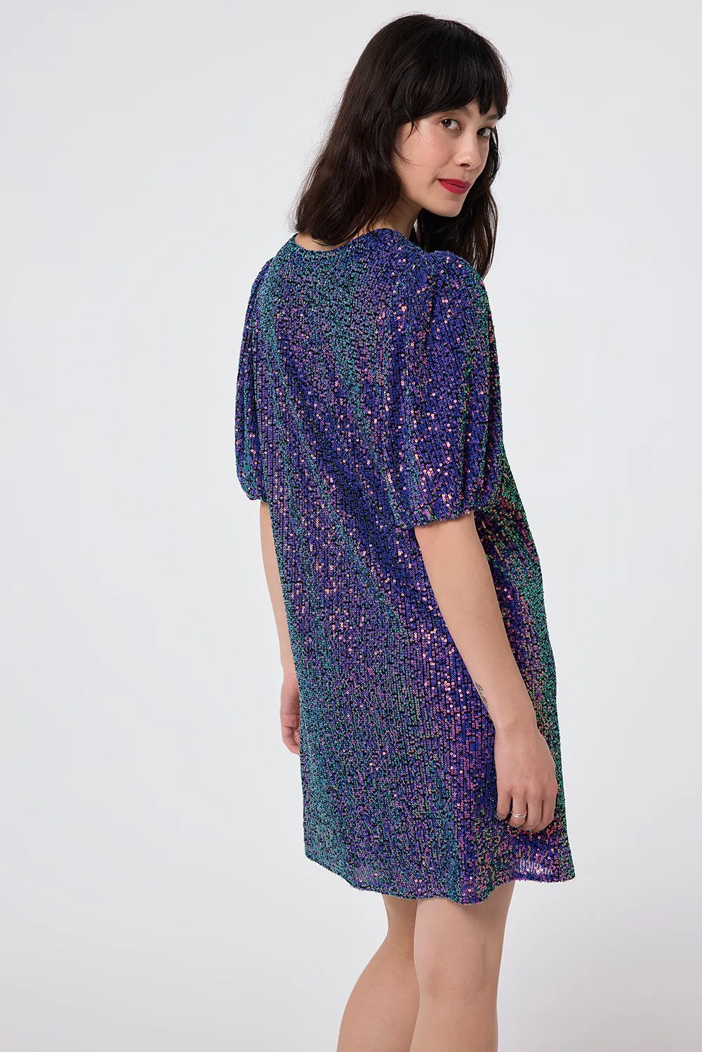 Purple Iridescent Sequin V-Neck Short Dress Perfect Length