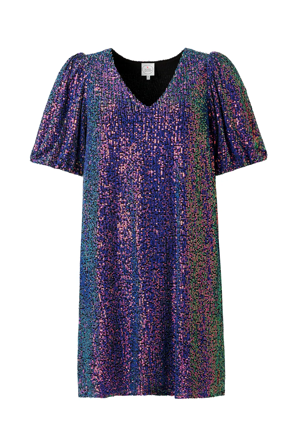 Purple Iridescent Sequin V-Neck Short Dress Calm Grace Bold Pattern
