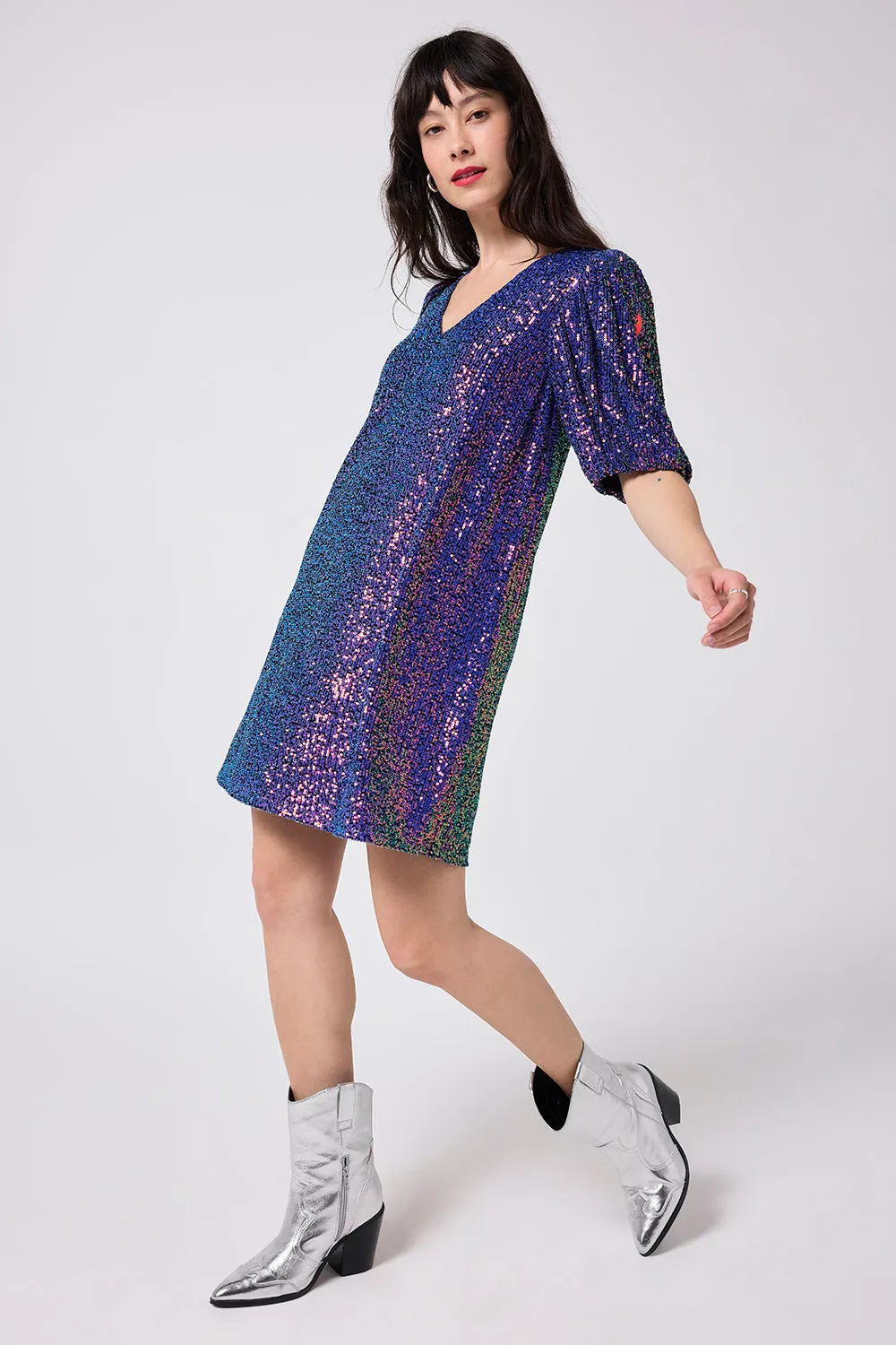 Purple Iridescent Sequin V-Neck Short Dress Dream Look
