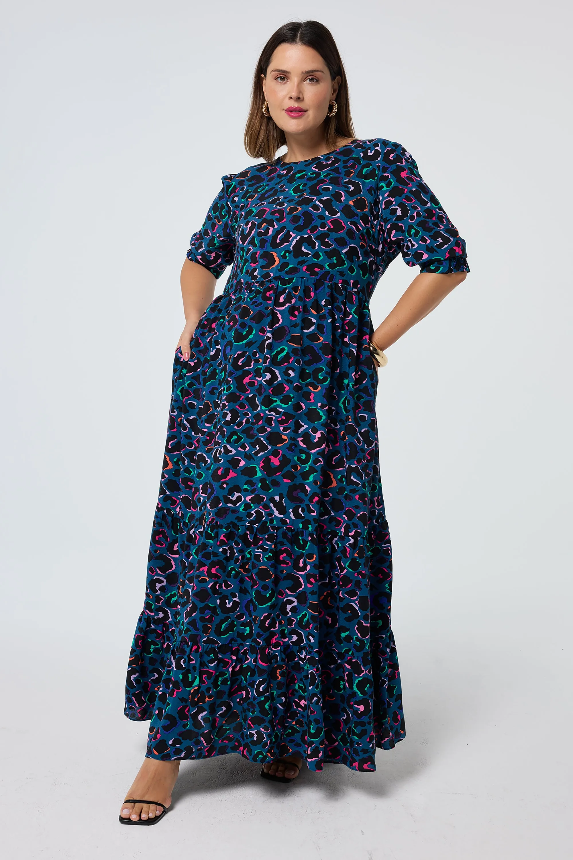 Teal with Rainbow Shadow Leopard Maxi Dress Bright-Hue