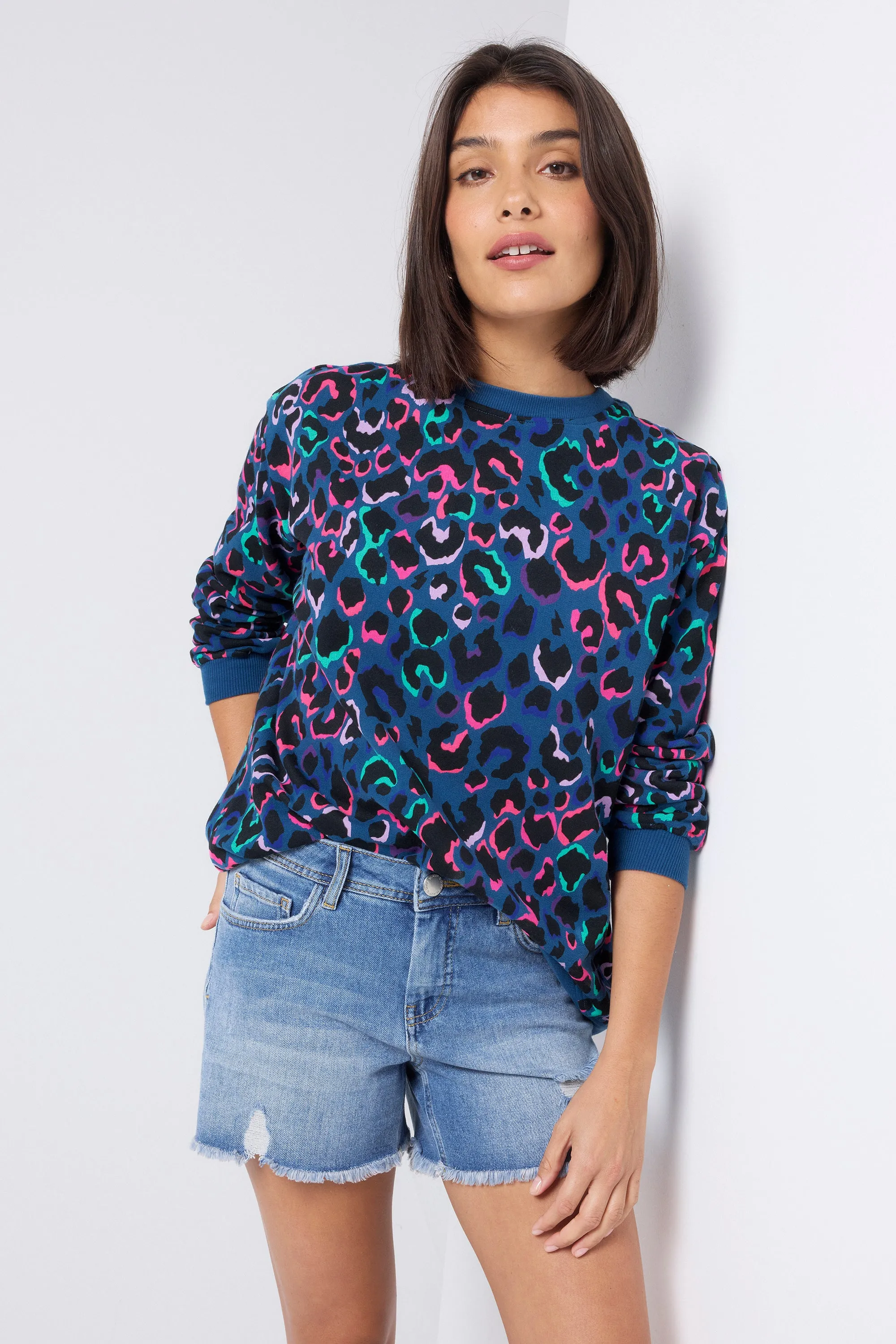 Water-Repellent Finish right for formal events Teal with Rainbow Shadow Leopard Oversized Sweatshirt
