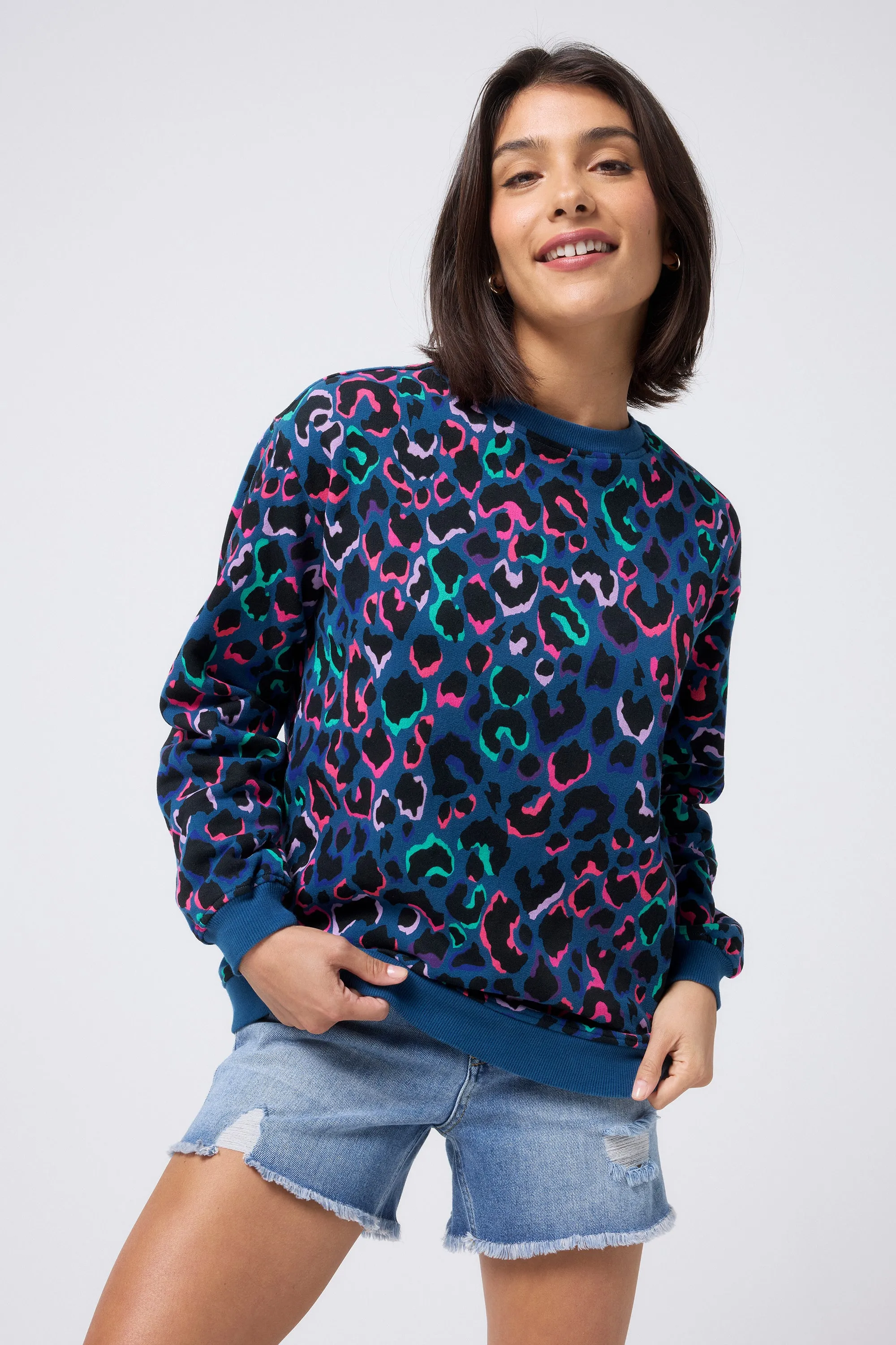 Teal with Rainbow Shadow Leopard Oversized Sweatshirt Street Relaxed Anti fungal