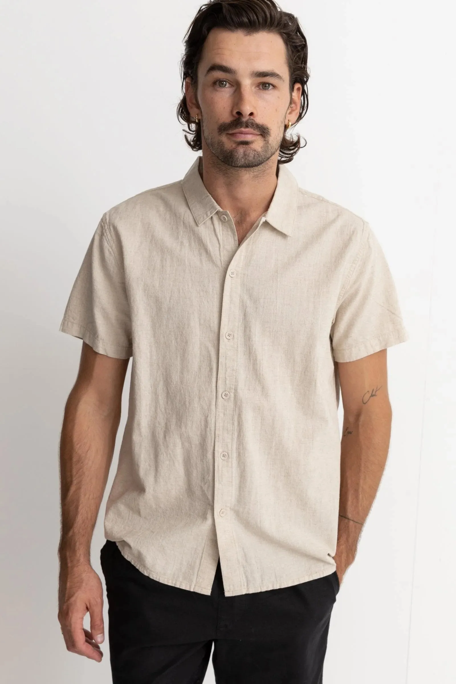 Classic Linen Short Sleeve Shirt Sand Anti Odor Finish Tear Resistant Weave