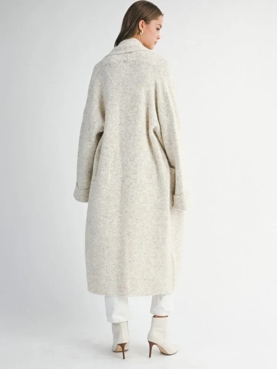 Stretchable Neckline RIBBED KNIT LONG CARDIGAN JACKET - LIGHT TAUPE