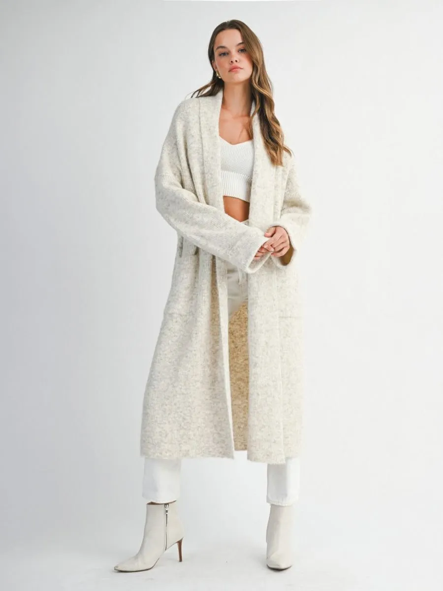 RIBBED KNIT LONG CARDIGAN JACKET - LIGHT TAUPE AntiStaticFinish